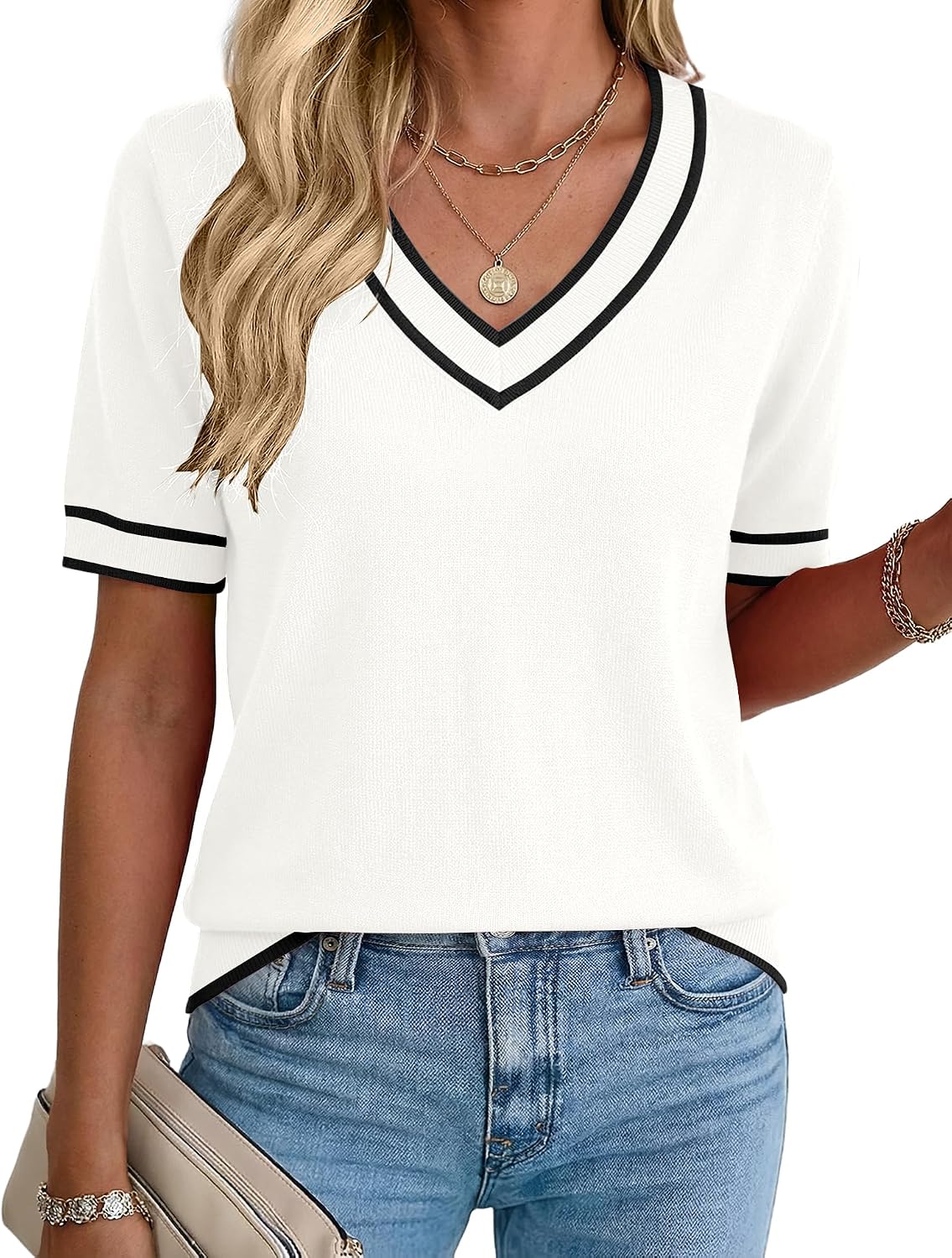 Rapbin Womens Summer Sweaters Short Sleeve Tops V Neck Knit Shirts