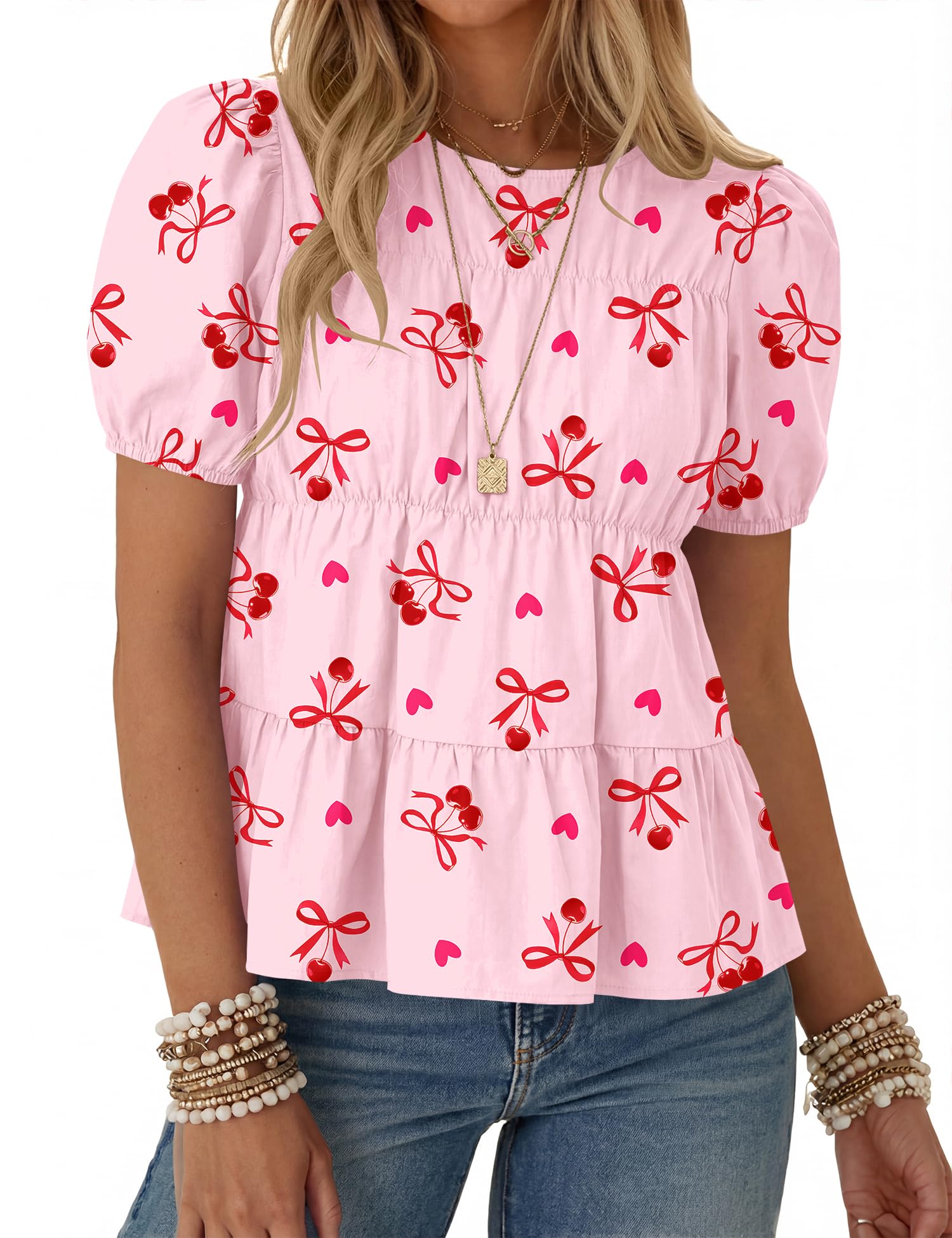 Rapbin Womens Puff Short Sleeve Babydoll Tops Summer Peplum Pleated Cotton T Shirts Casual Loose Fit Flowy Blouses