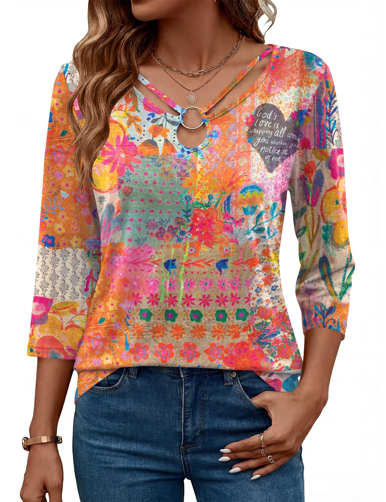 Rapbin 3/4 Length Sleeve Womens Tops Summer Cut Out Ring Keyhole Neck Dressy Casual Crew Neck Tee Shirts 2026