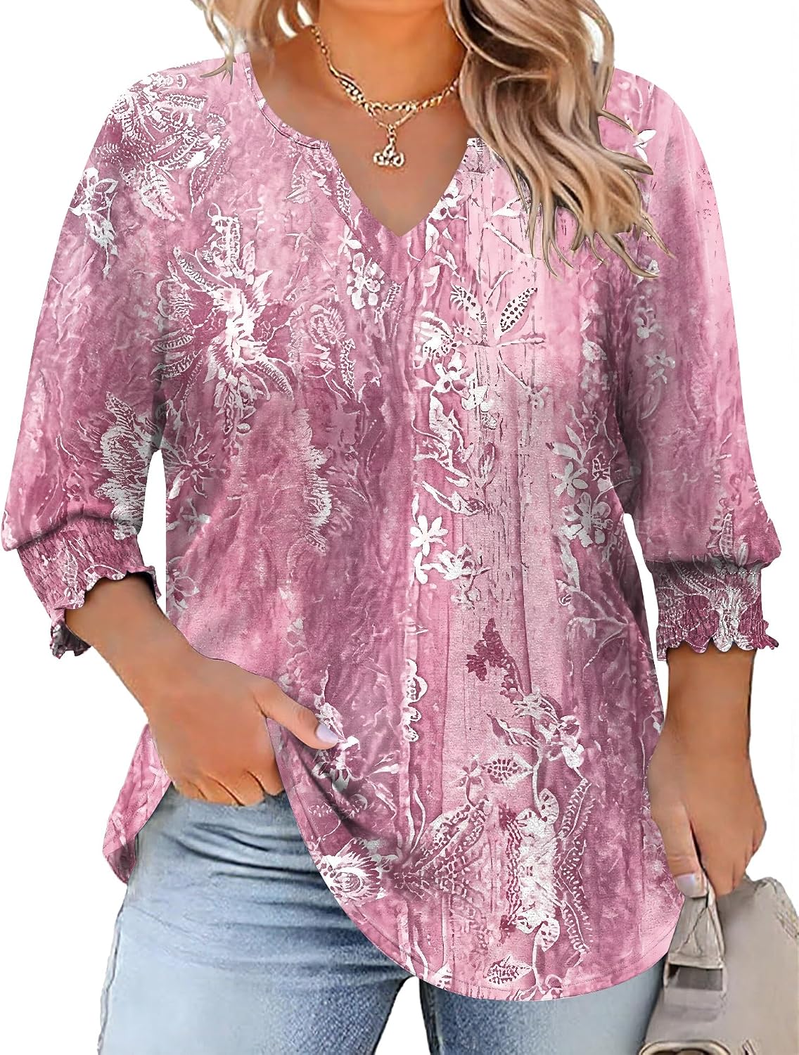 Rapbin Womens Plus Size Tops 3/4 Sleeve Blouses Shirts Casual V Neck Loose Tunic Tops 1X-5X