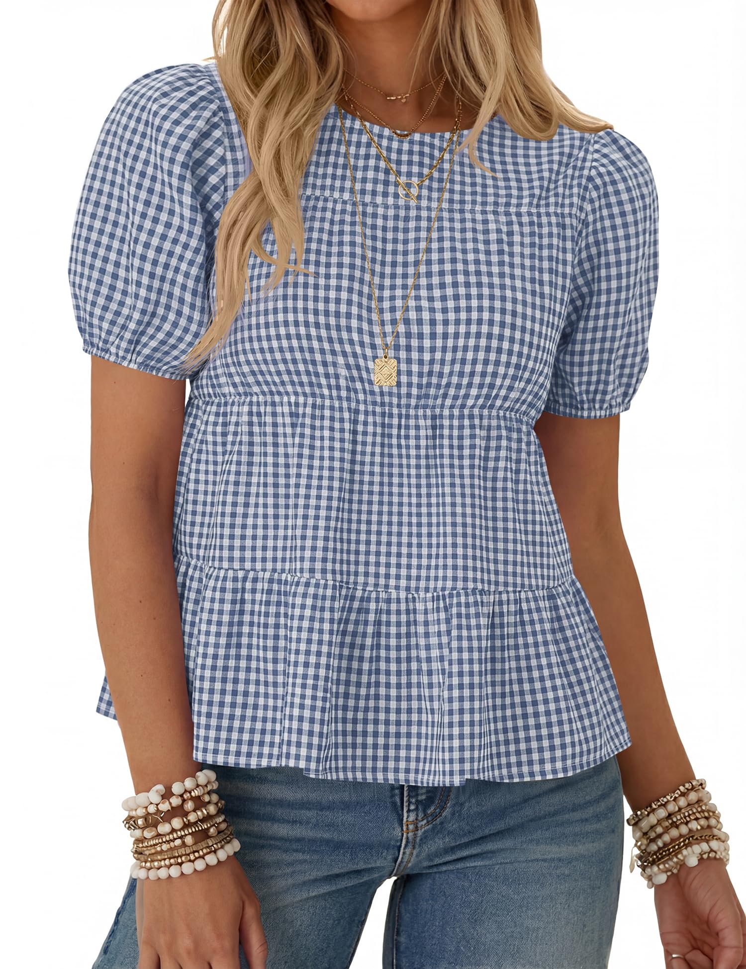 Rapbin Womens Puff Short Sleeve Babydoll Tops Summer Peplum Pleated Cotton T Shirts Casual Loose Fit Flowy Blouses
