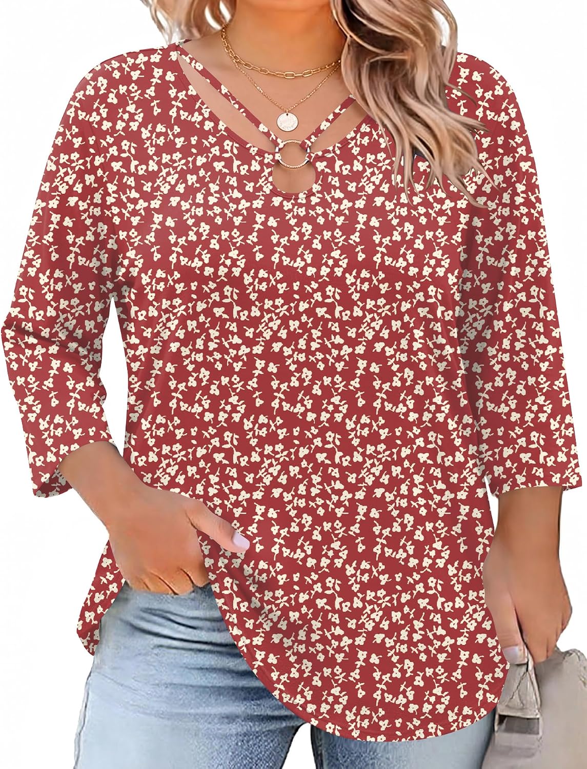 Rapbin Womens Plus Size Tops 3/4 Sleeve Shirts Summer Cut Out Ring Keyhole Neck Dressy Casual Loose Tunic Tops 1X-5X