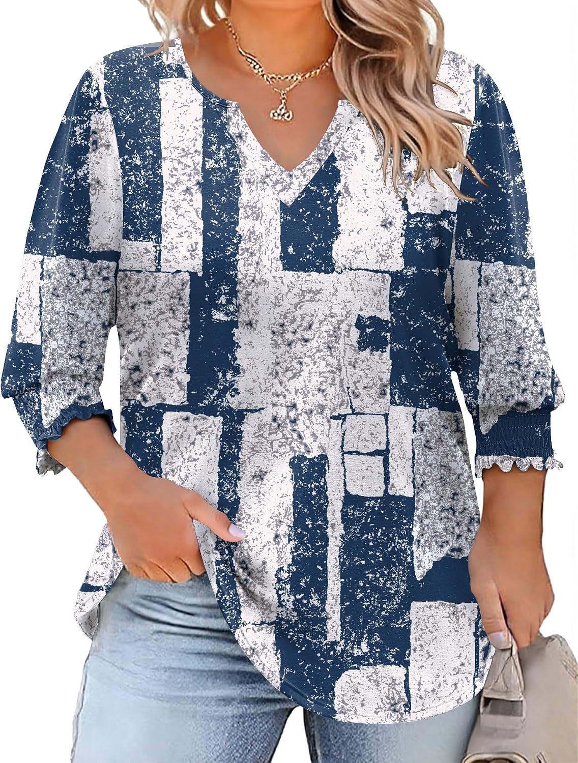Rapbin Womens Plus Size Tops 3/4 Sleeve Blouses Shirts Casual V Neck Loose Tunic Tops 1X-5X
