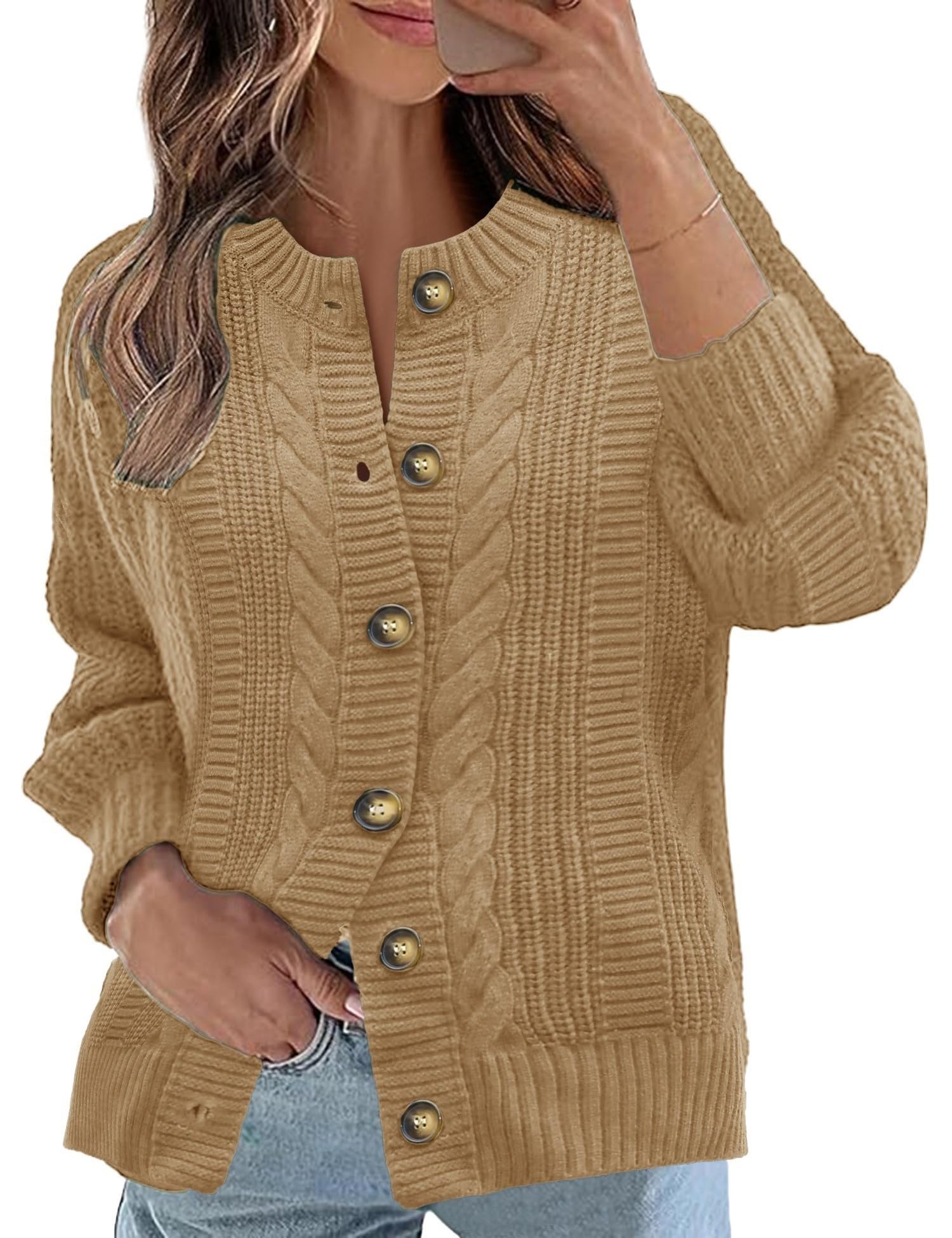 Rapbin Women's Cable Knit Cardigan Open Front Sweater Casual Long Sleeve Button Coats Outerwear