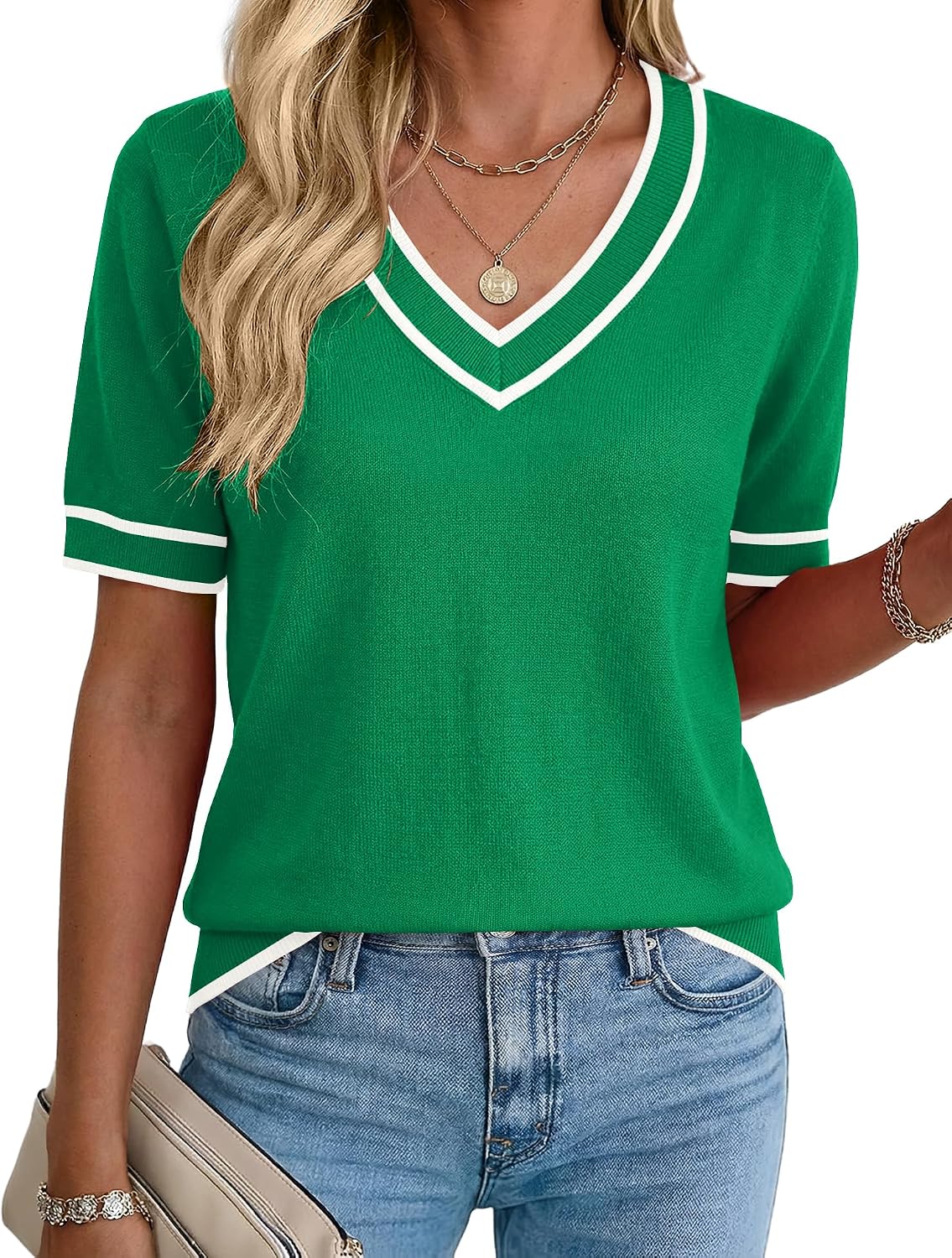 Rapbin Womens Summer Sweaters Short Sleeve Tops V Neck Knit Shirts
