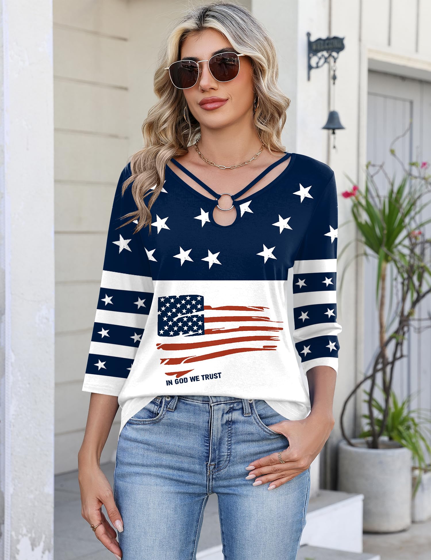 Rapbin 3/4 Length Sleeve Womens Tops Summer Cut Out Ring Keyhole Neck Dressy Casual Crew Neck Tee Shirts 2026