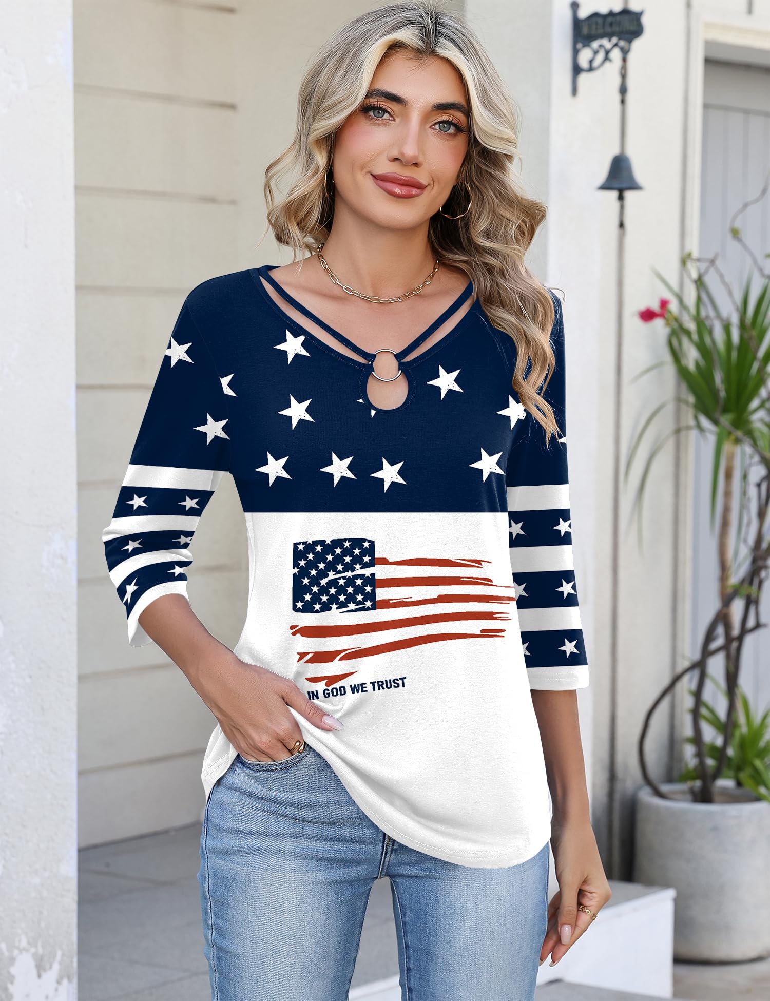 Rapbin 3/4 Length Sleeve Womens Tops Summer Cut Out Ring Keyhole Neck Dressy Casual Crew Neck Tee Shirts 2026