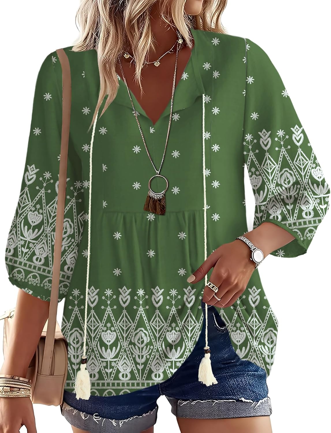 Rapbin Women Summer Boho Tops 3/4 Sleeve Pleated Blouses Casual V Neck Tie Front Spring Tunic Tops
