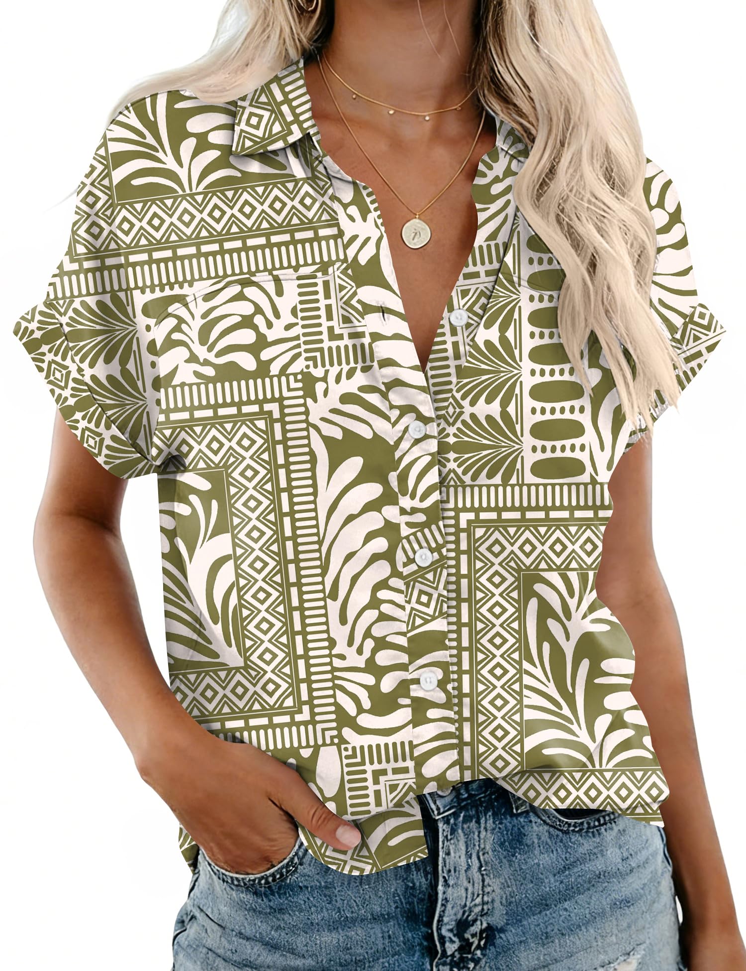 Rapbin Women's Button Down Shirt Short Sleeve Casual Blouse Shirts V Neck Collared Tops