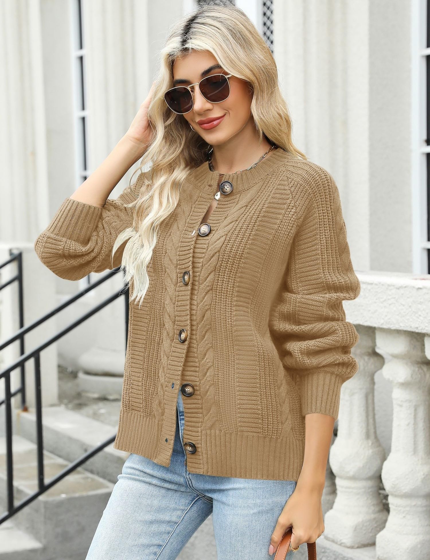 Rapbin Women's Cable Knit Cardigan Open Front Sweater Casual Long Sleeve Button Coats Outerwear