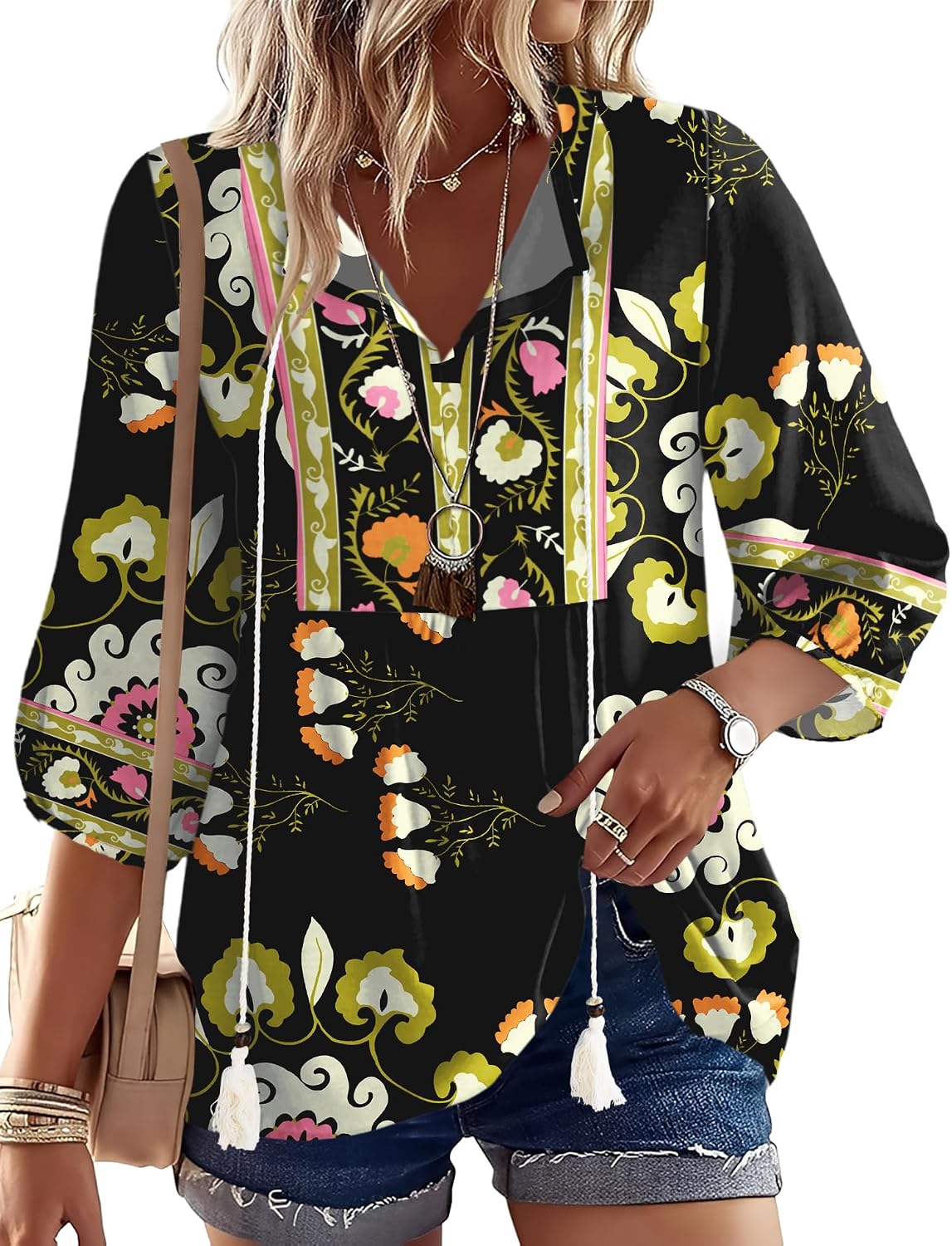 Rapbin Women Summer Boho Tops 3/4 Sleeve Pleated Blouses Casual V Neck Tie Front Spring Tunic Tops