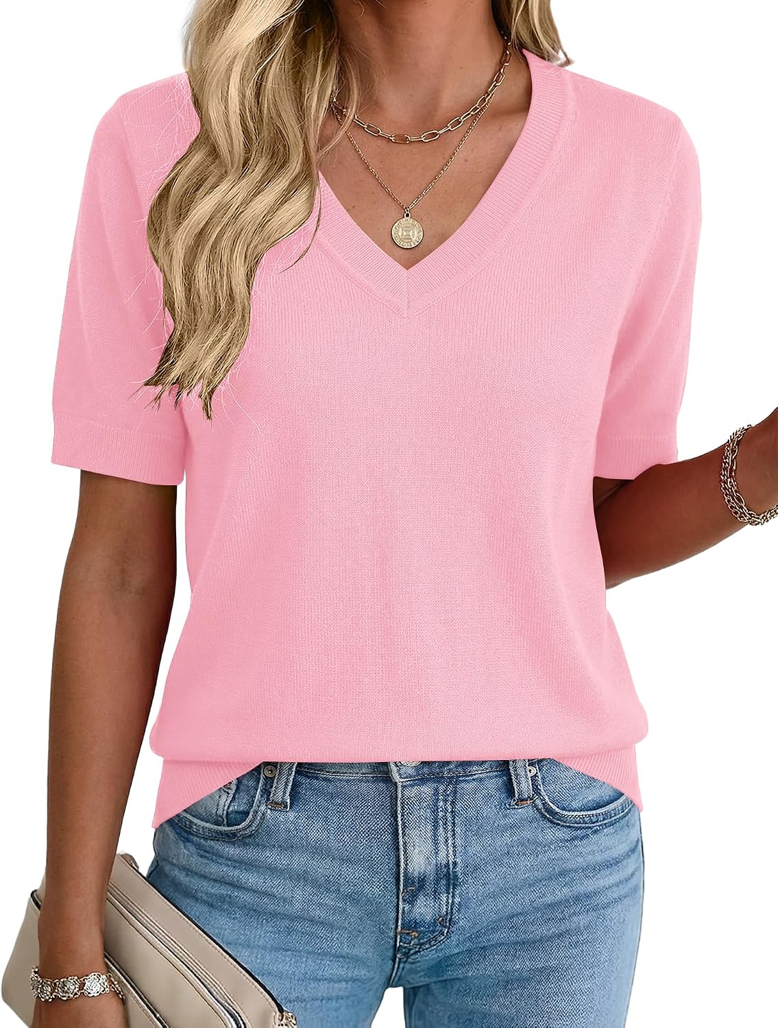 Rapbin Womens Summer Sweaters Short Sleeve Tops V Neck Knit Shirts