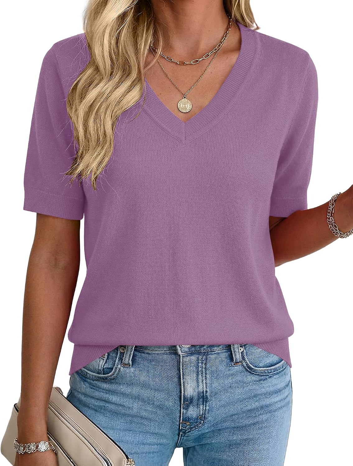 Rapbin Womens Summer Sweaters Short Sleeve Tops V Neck Knit Shirts