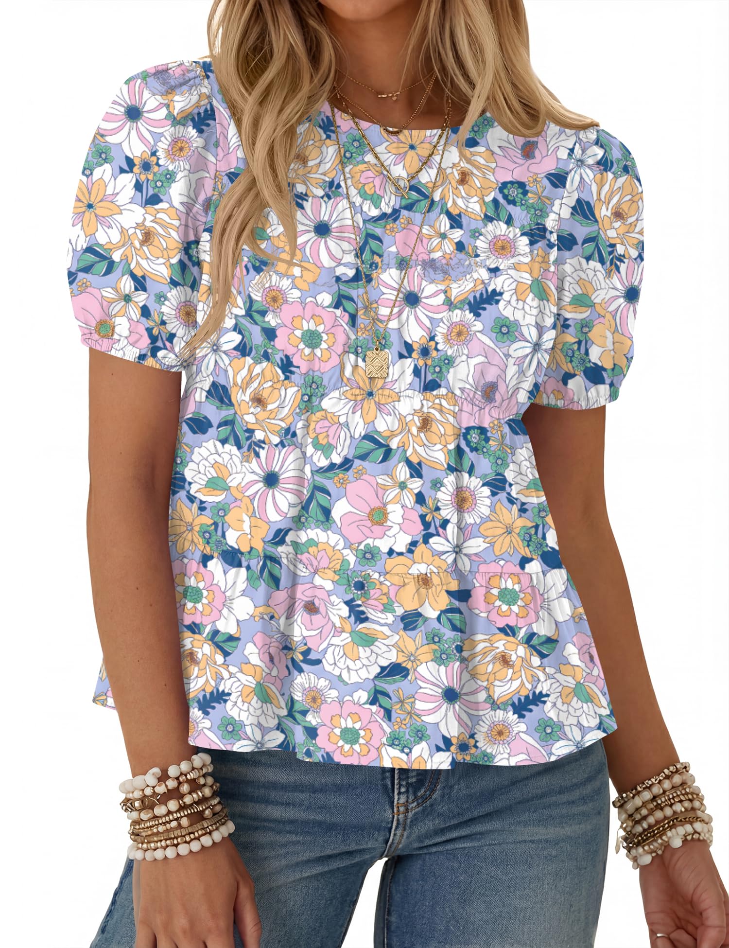 Rapbin Womens Puff Short Sleeve Babydoll Tops Summer Peplum Pleated Cotton T Shirts Casual Loose Fit Flowy Blouses