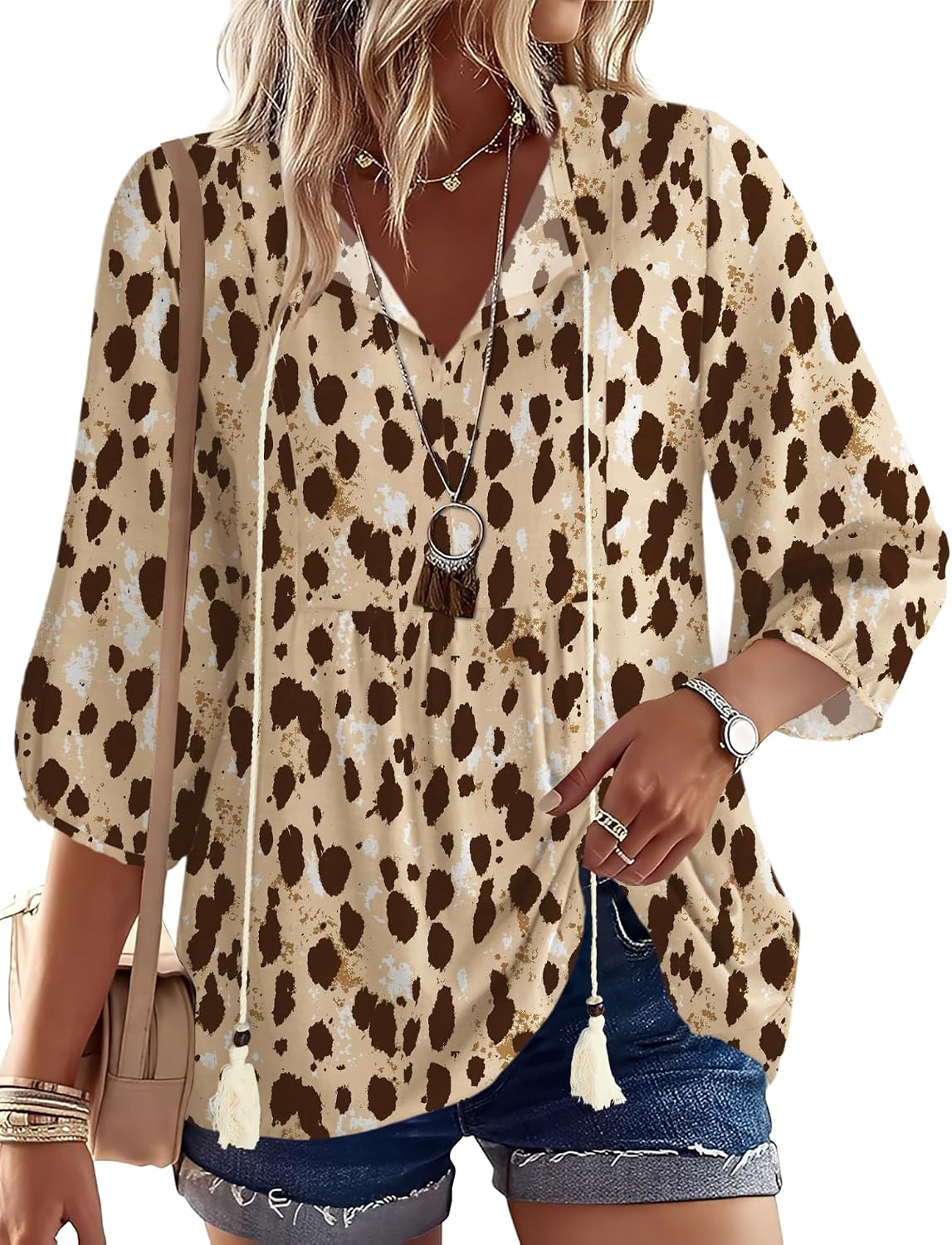 Rapbin Women Summer Boho Tops 3/4 Sleeve Pleated Blouses Casual V Neck Tie Front Spring Tunic Tops
