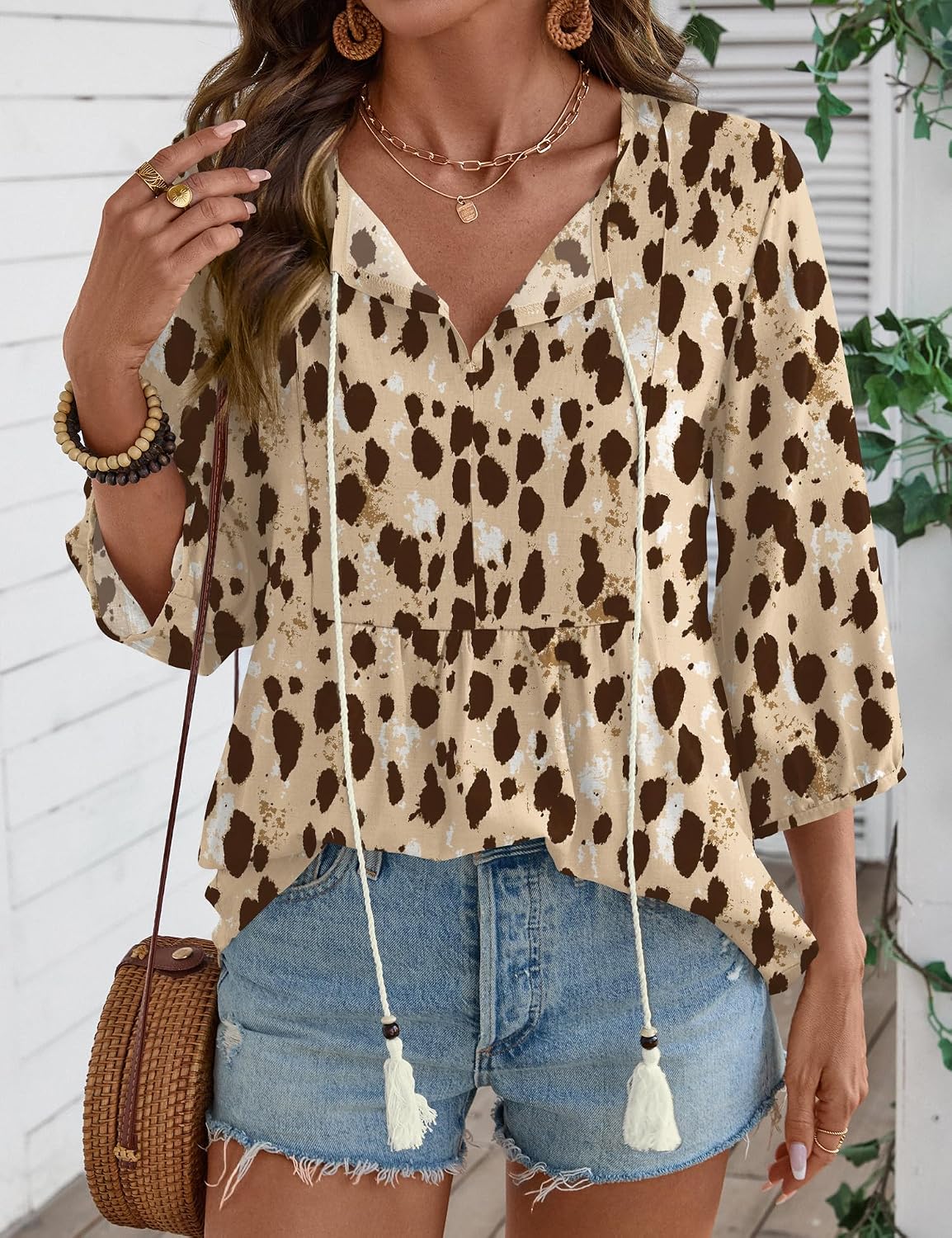 Rapbin Women Summer Boho Tops 3/4 Sleeve Pleated Blouses Casual V Neck Tie Front Spring Tunic Tops
