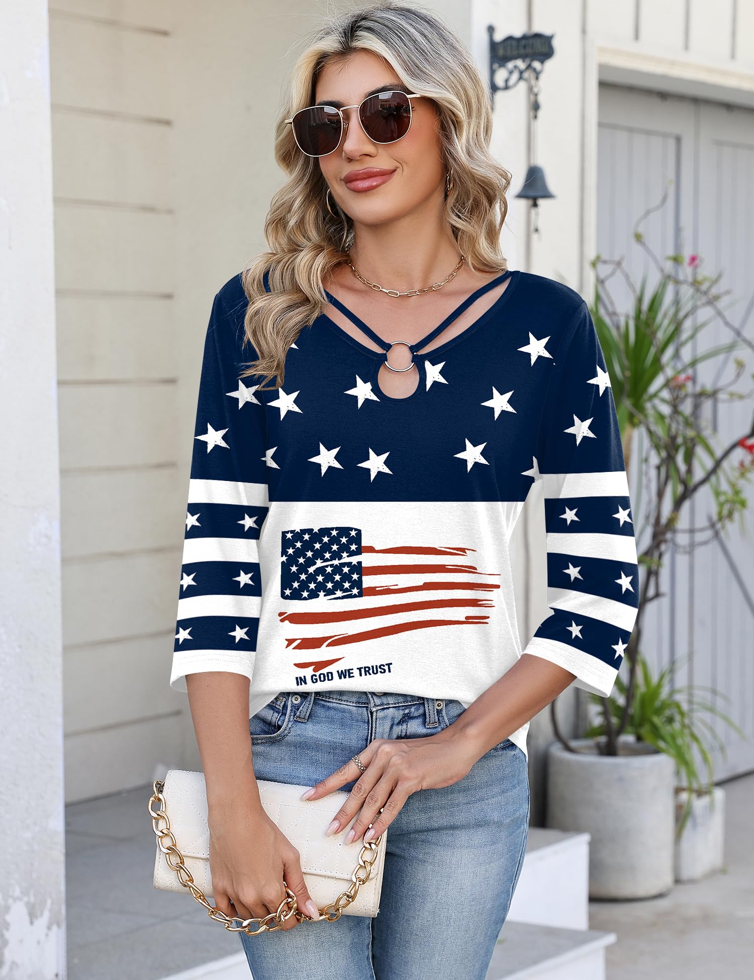 Rapbin 3/4 Length Sleeve Womens Tops Summer Cut Out Ring Keyhole Neck Dressy Casual Crew Neck Tee Shirts 2026