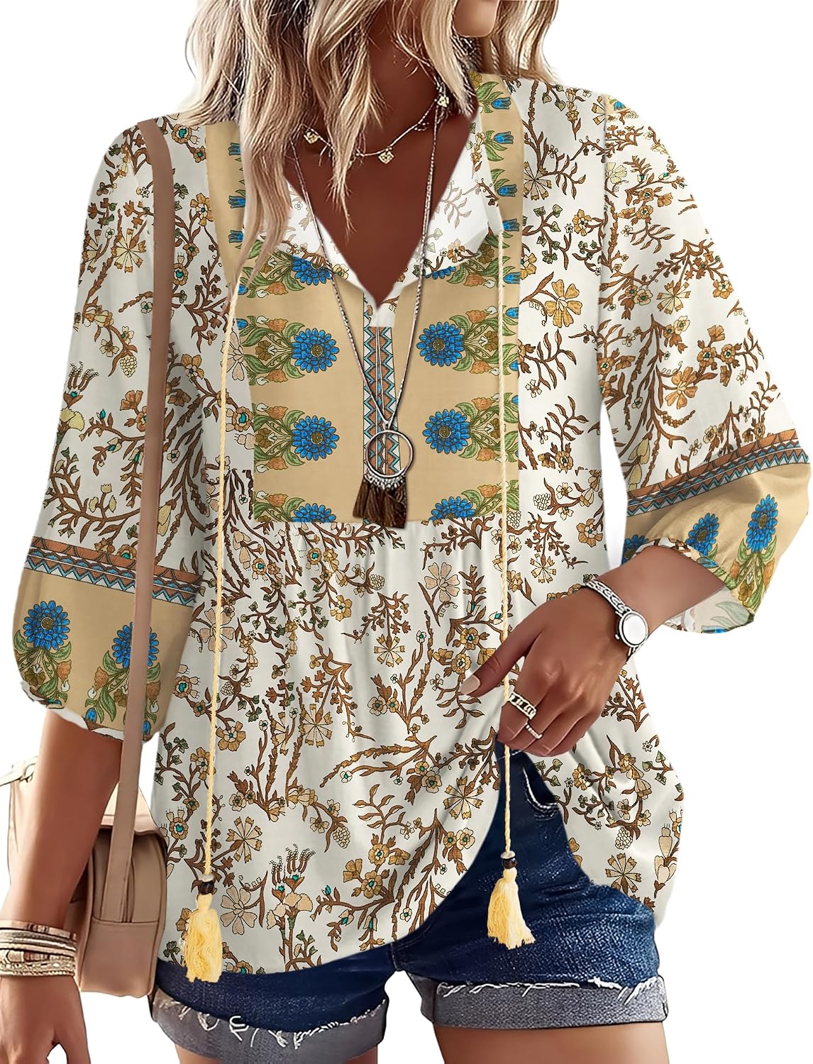 Rapbin Women Summer Boho Tops 3/4 Sleeve Pleated Blouses Casual V Neck Tie Front Spring Tunic Tops