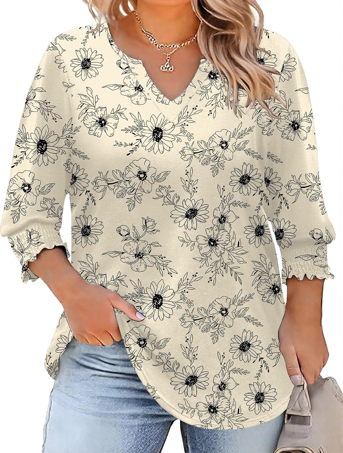 Rapbin Womens Plus Size Tops 3/4 Sleeve Blouses Shirts Casual V Neck Loose Tunic Tops 1X-5X