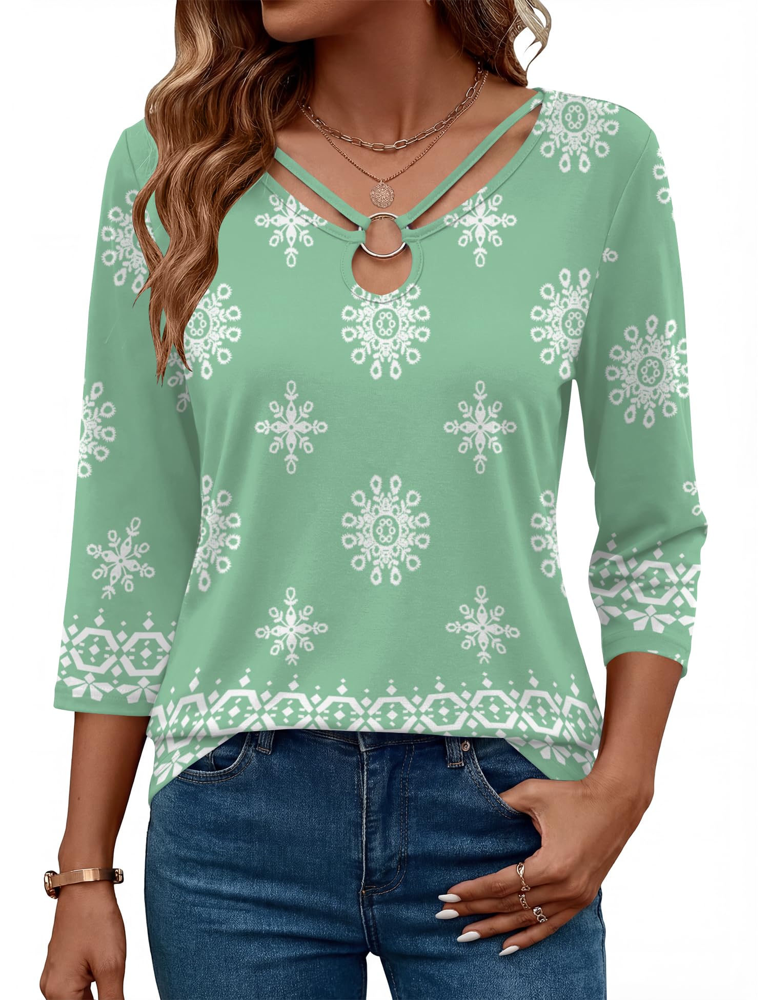 Rapbin 3/4 Length Sleeve Womens Tops Summer Cut Out Ring Keyhole Neck Dressy Casual Crew Neck Tee Shirts 2026