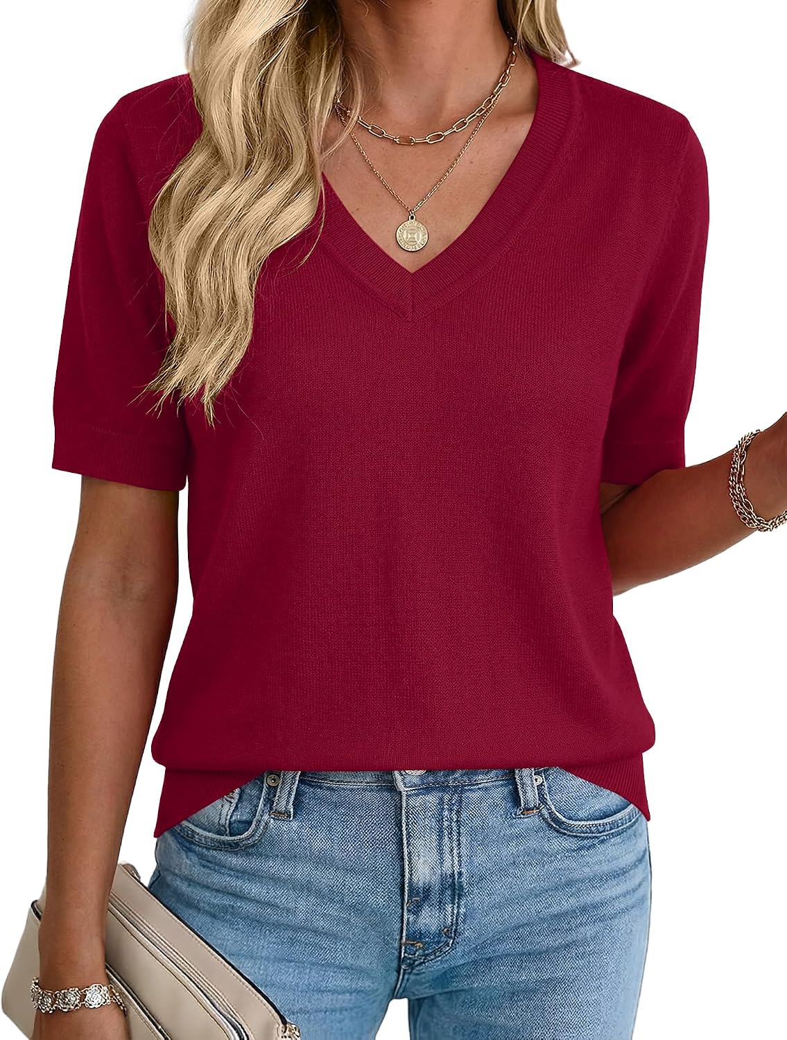 Rapbin Womens Summer Sweaters Short Sleeve Tops V Neck Knit Shirts