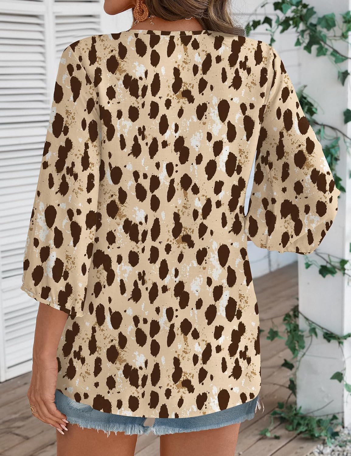 Rapbin Women Summer Boho Tops 3/4 Sleeve Pleated Blouses Casual V Neck Tie Front Spring Tunic Tops