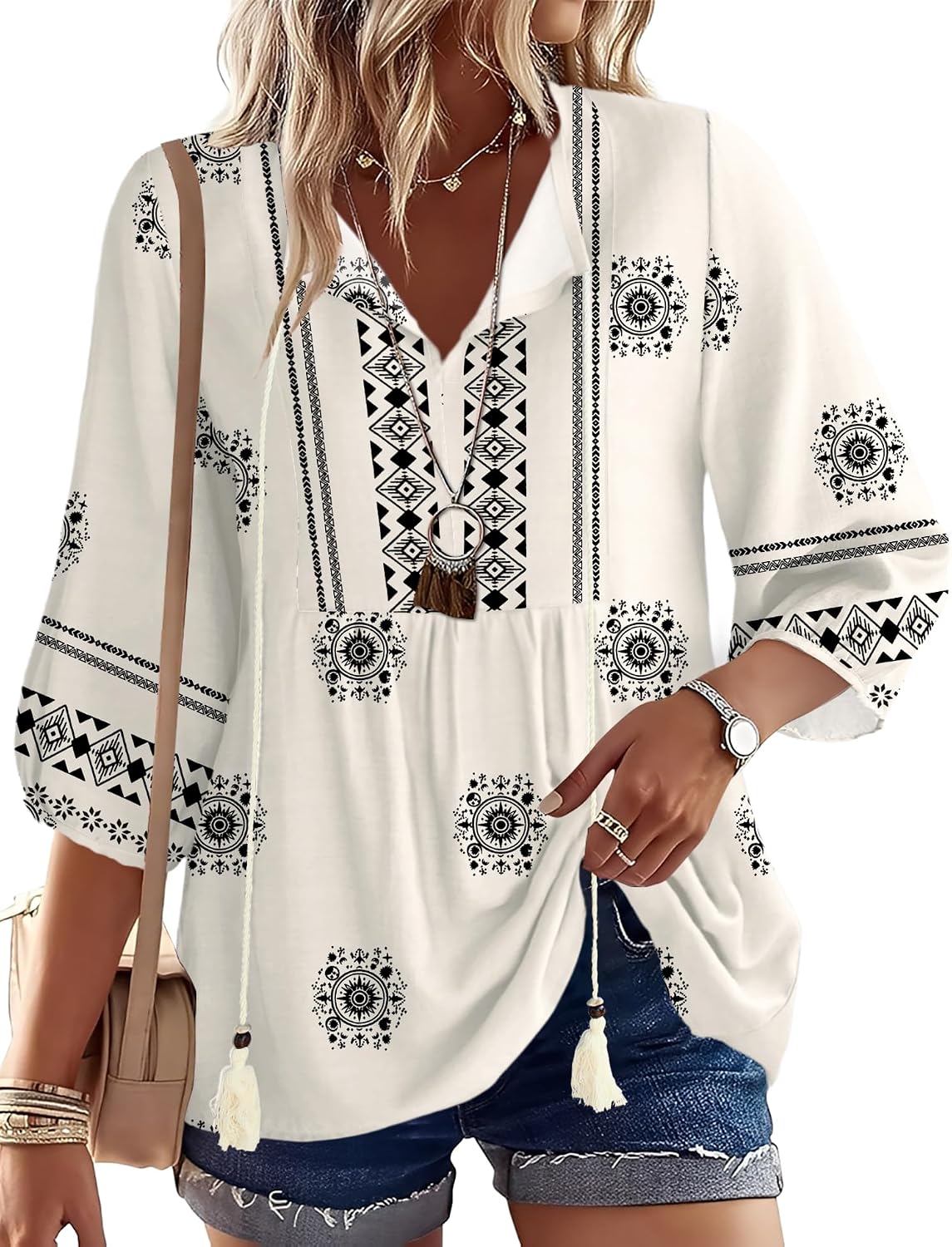Rapbin Women Summer Boho Tops 3/4 Sleeve Pleated Blouses Casual V Neck Tie Front Spring Tunic Tops