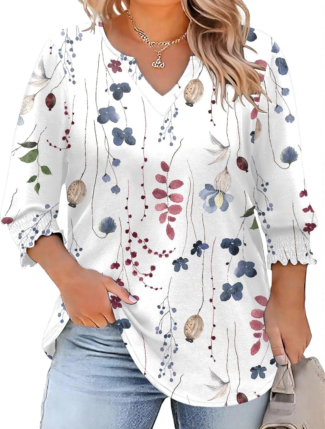 Rapbin Womens Plus Size Tops 3/4 Sleeve Blouses Shirts Casual V Neck Loose Tunic Tops 1X-5X