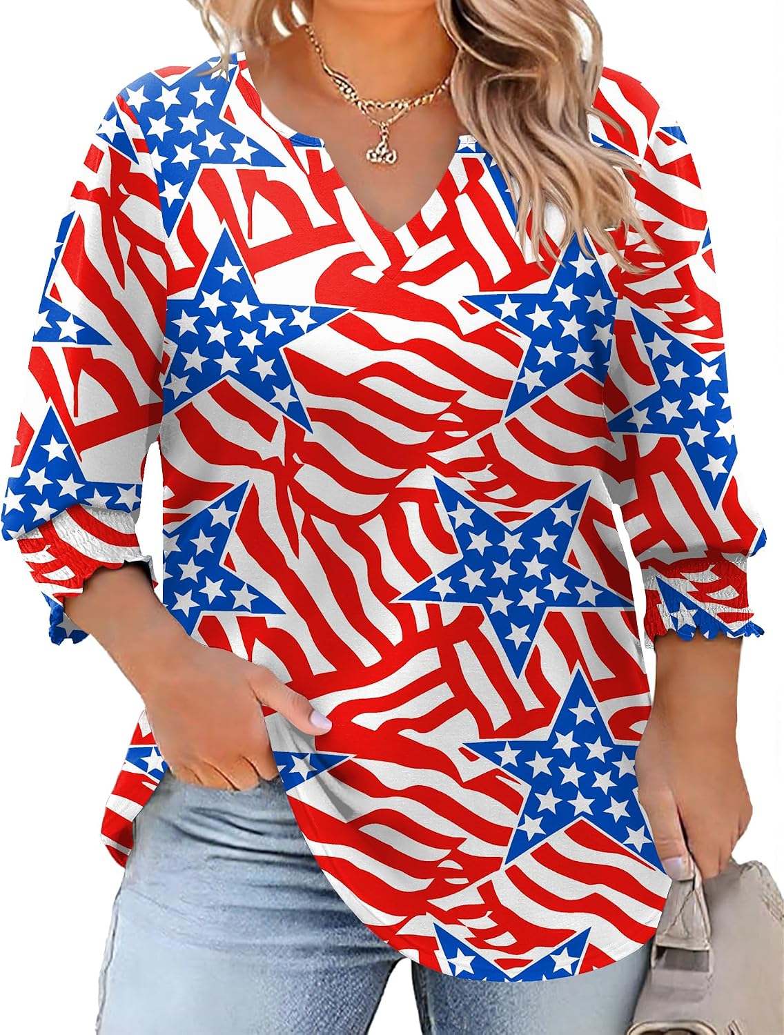 Rapbin Womens Plus Size Tops 3/4 Sleeve Blouses Shirts Casual V Neck Loose Tunic Tops 1X-5X