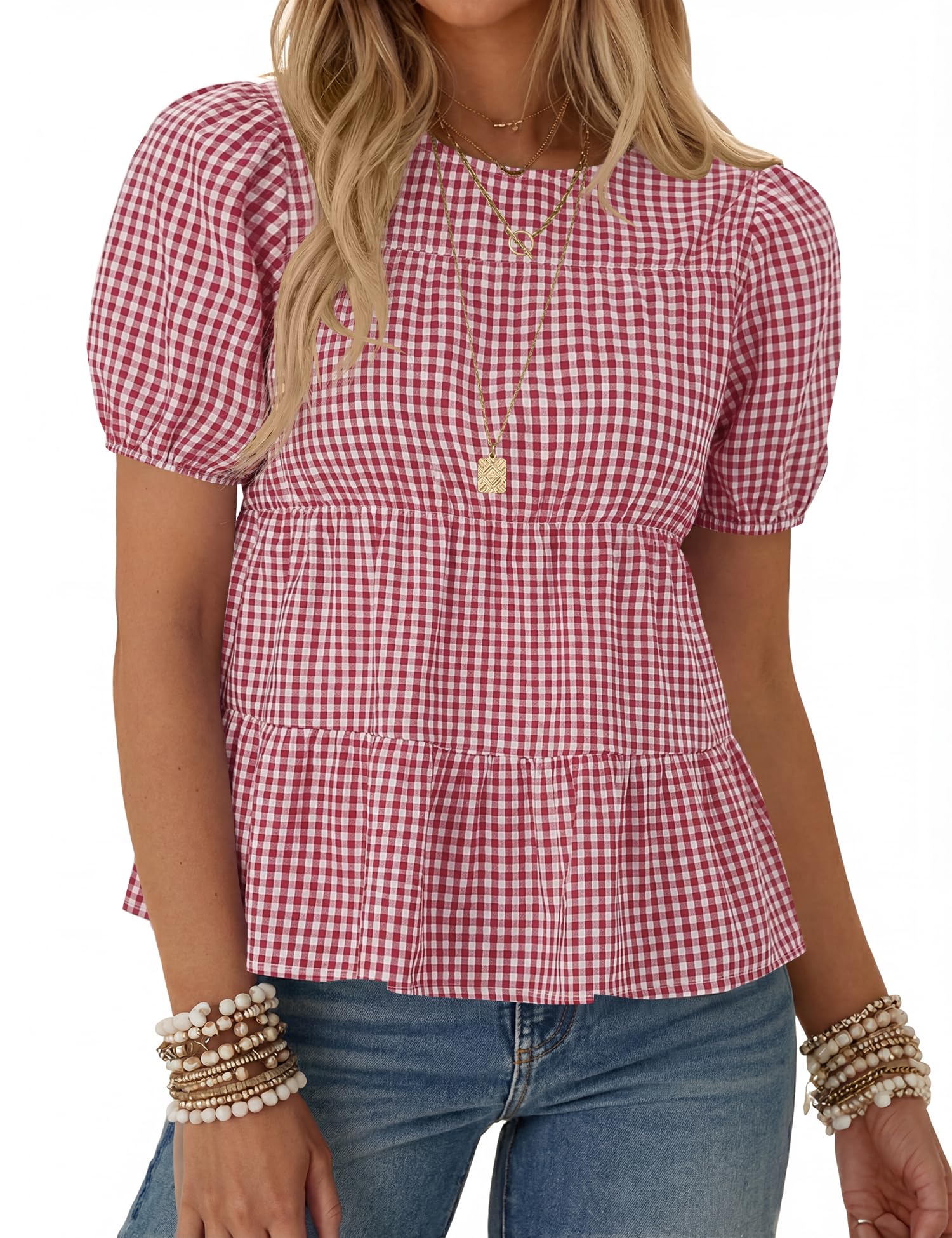 Rapbin Womens Puff Short Sleeve Babydoll Tops Summer Peplum Pleated Cotton T Shirts Casual Loose Fit Flowy Blouses
