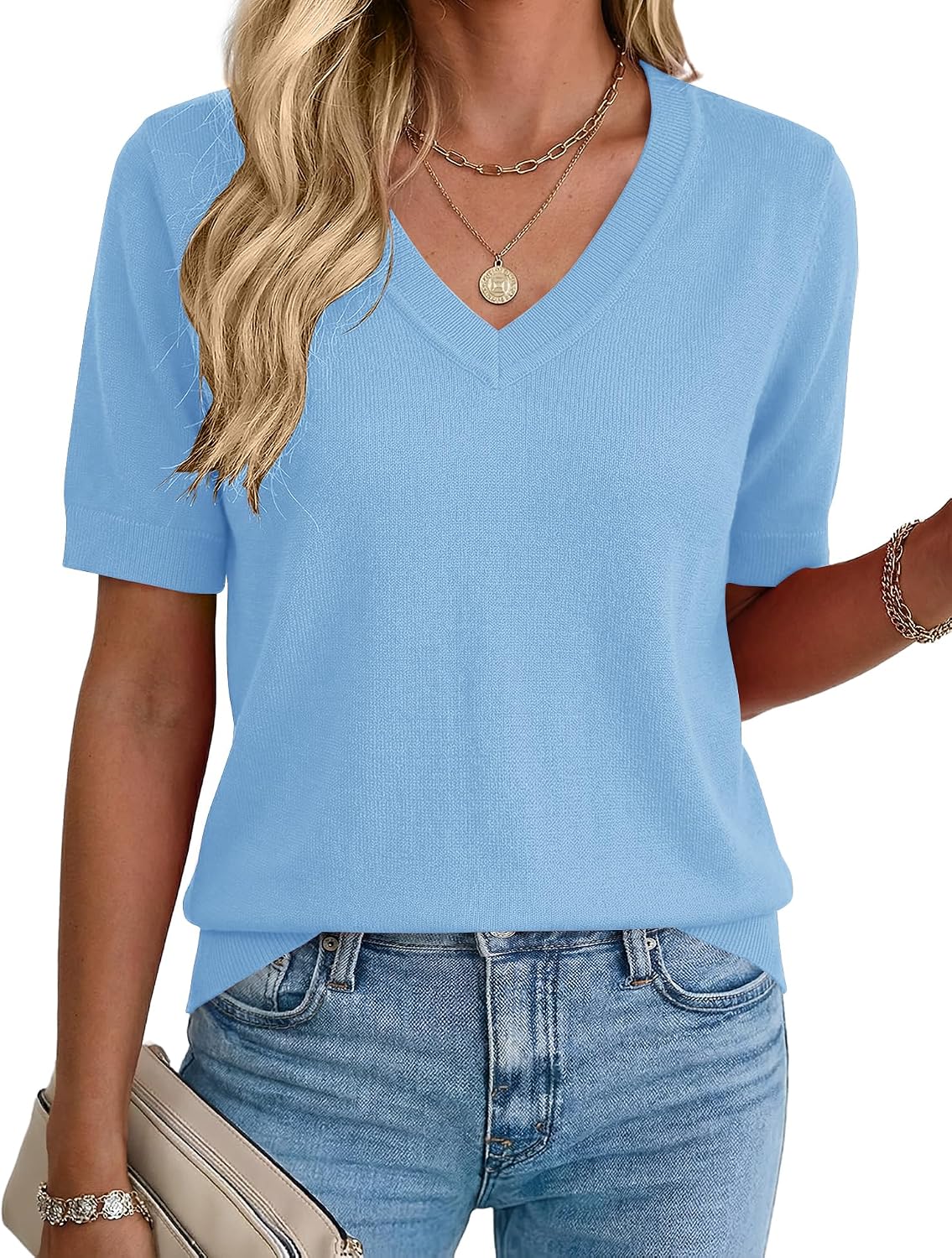 Rapbin Womens Summer Sweaters Short Sleeve Tops V Neck Knit Shirts