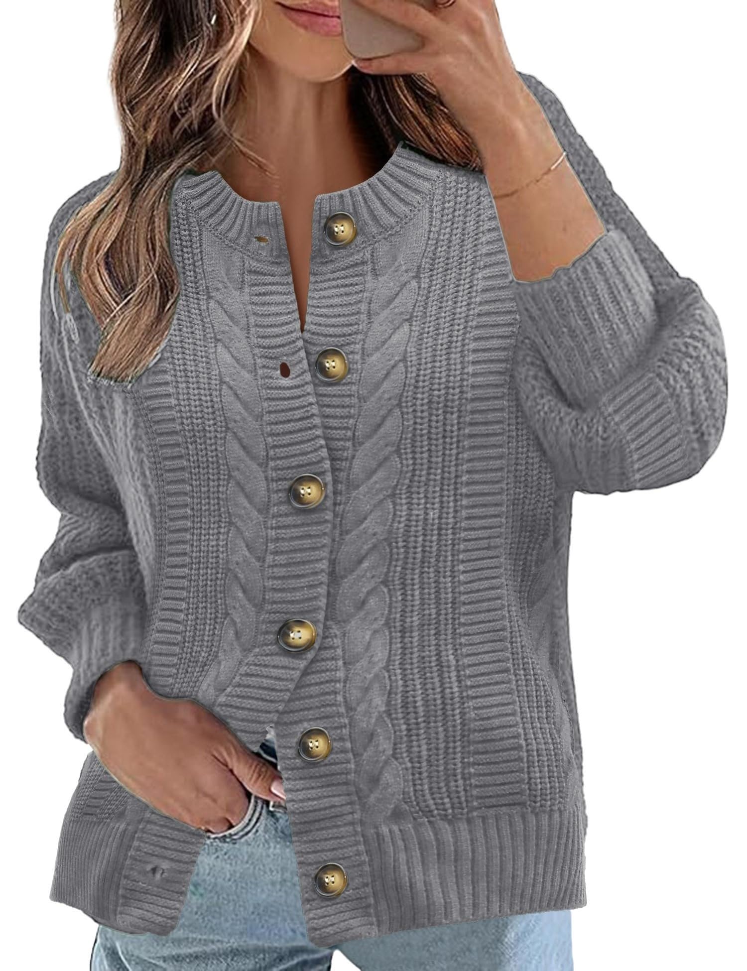 Rapbin Women's Cable Knit Cardigan Open Front Sweater Casual Long Sleeve Button Coats Outerwear