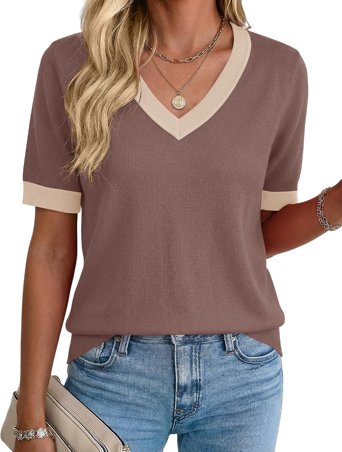 Rapbin Womens Summer Sweaters Short Sleeve Tops V Neck Knit Shirts