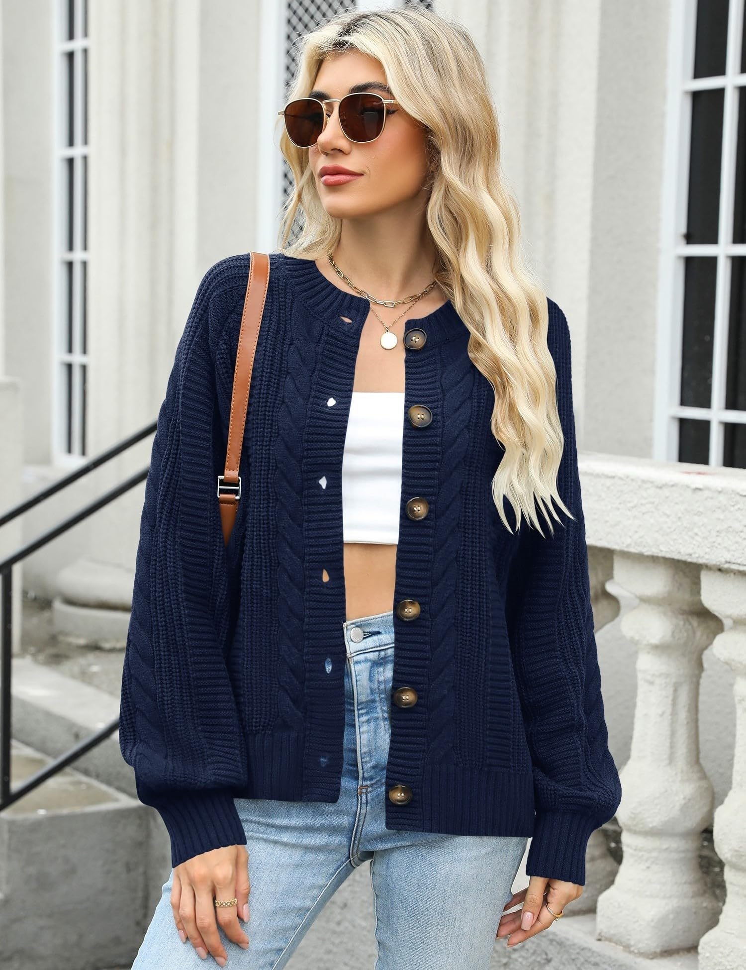 Rapbin Women's Cable Knit Cardigan Open Front Sweater Casual Long Sleeve Button Coats Outerwear