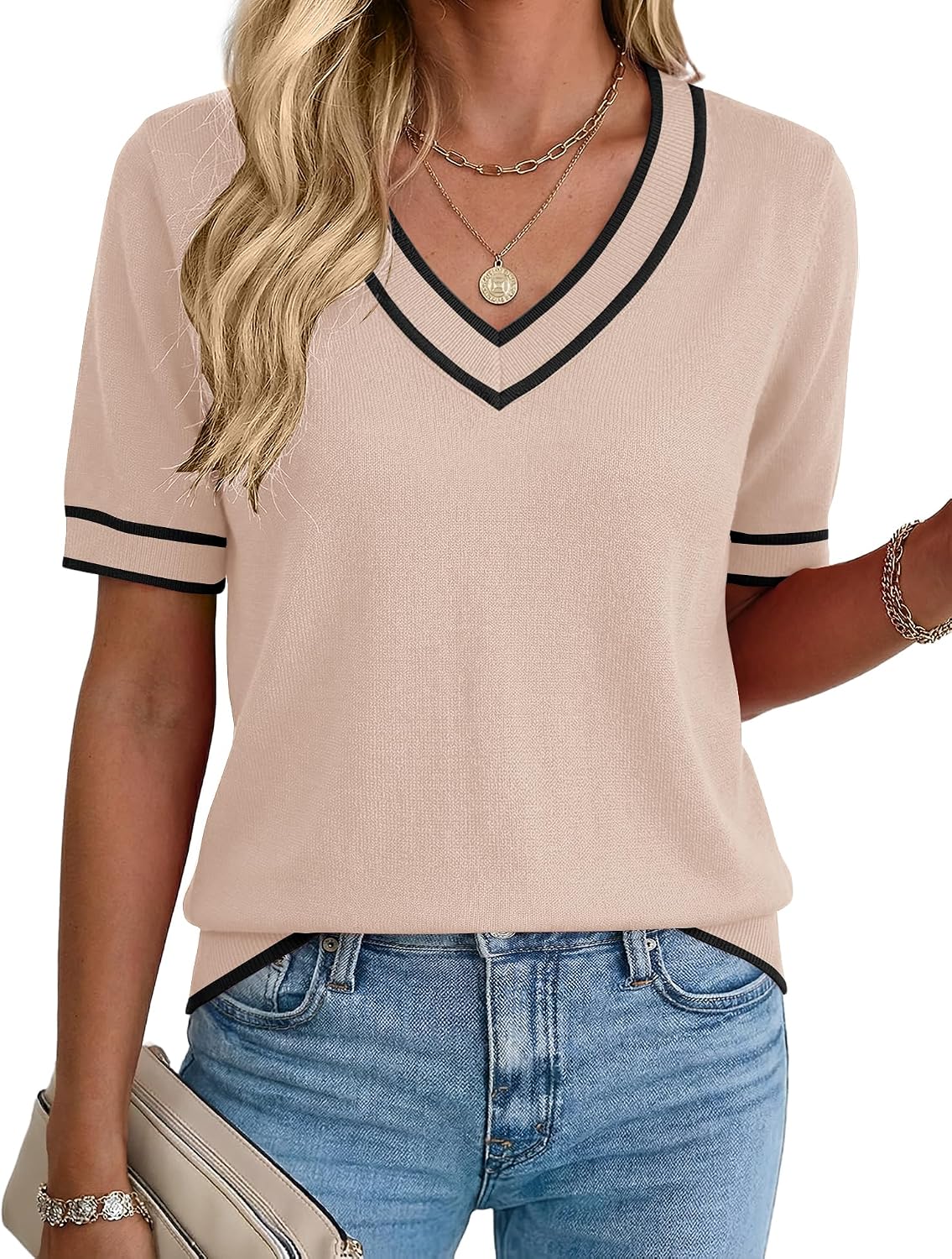 Rapbin Womens Summer Sweaters Short Sleeve Tops V Neck Knit Shirts