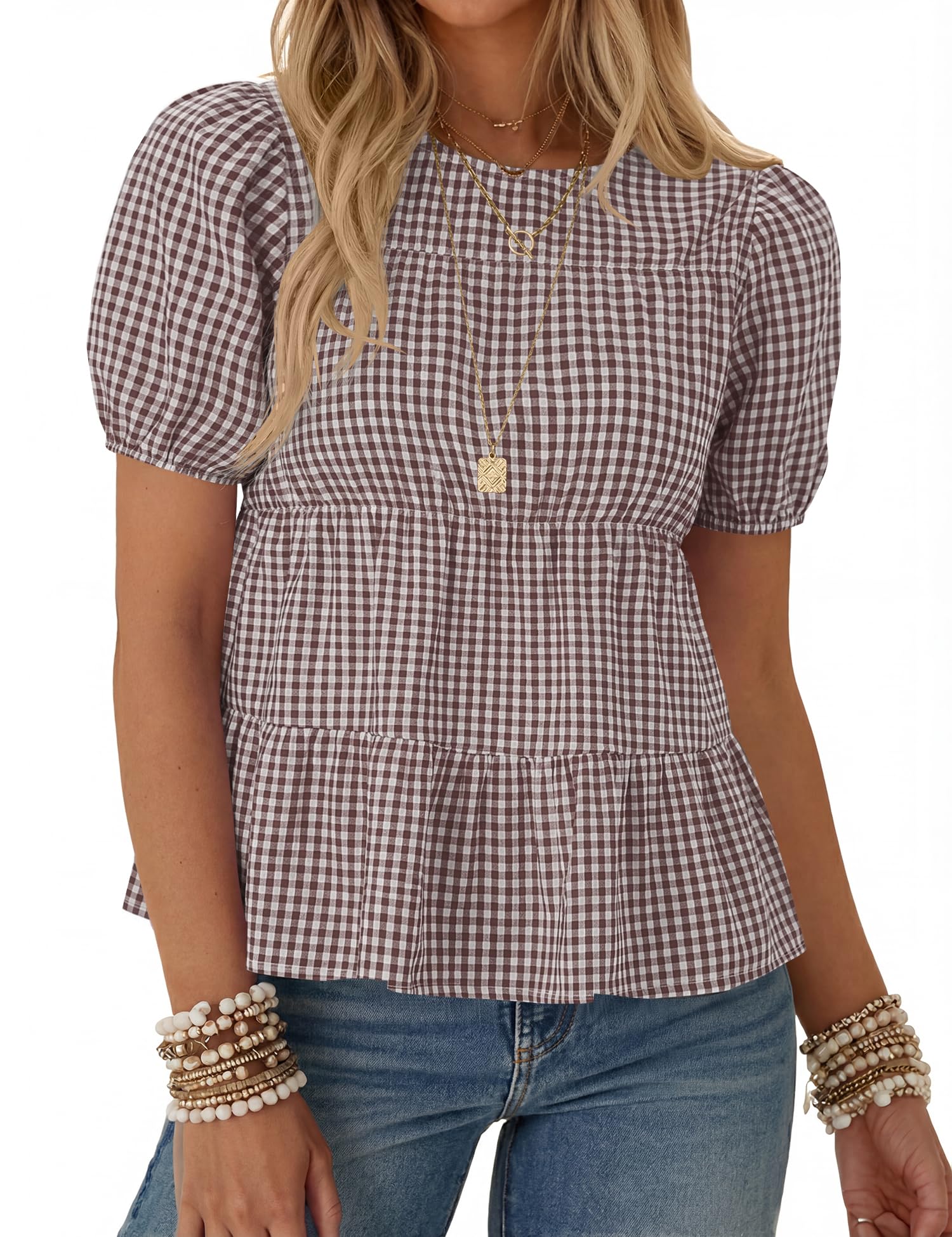 Rapbin Womens Puff Short Sleeve Babydoll Tops Summer Peplum Pleated Cotton T Shirts Casual Loose Fit Flowy Blouses