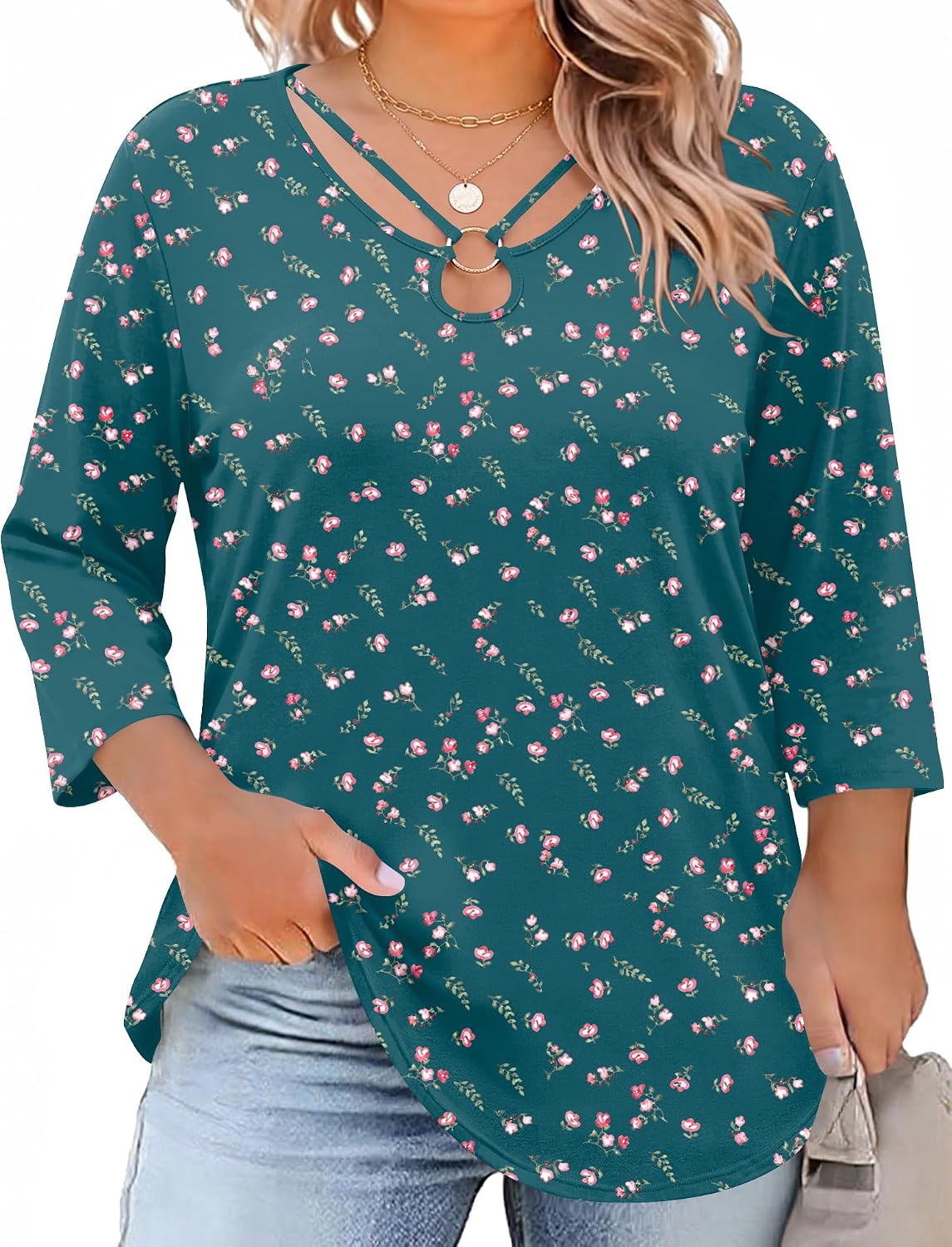 Rapbin Womens Plus Size Tops 3/4 Sleeve Shirts Summer Cut Out Ring Keyhole Neck Dressy Casual Loose Tunic Tops 1X-5X
