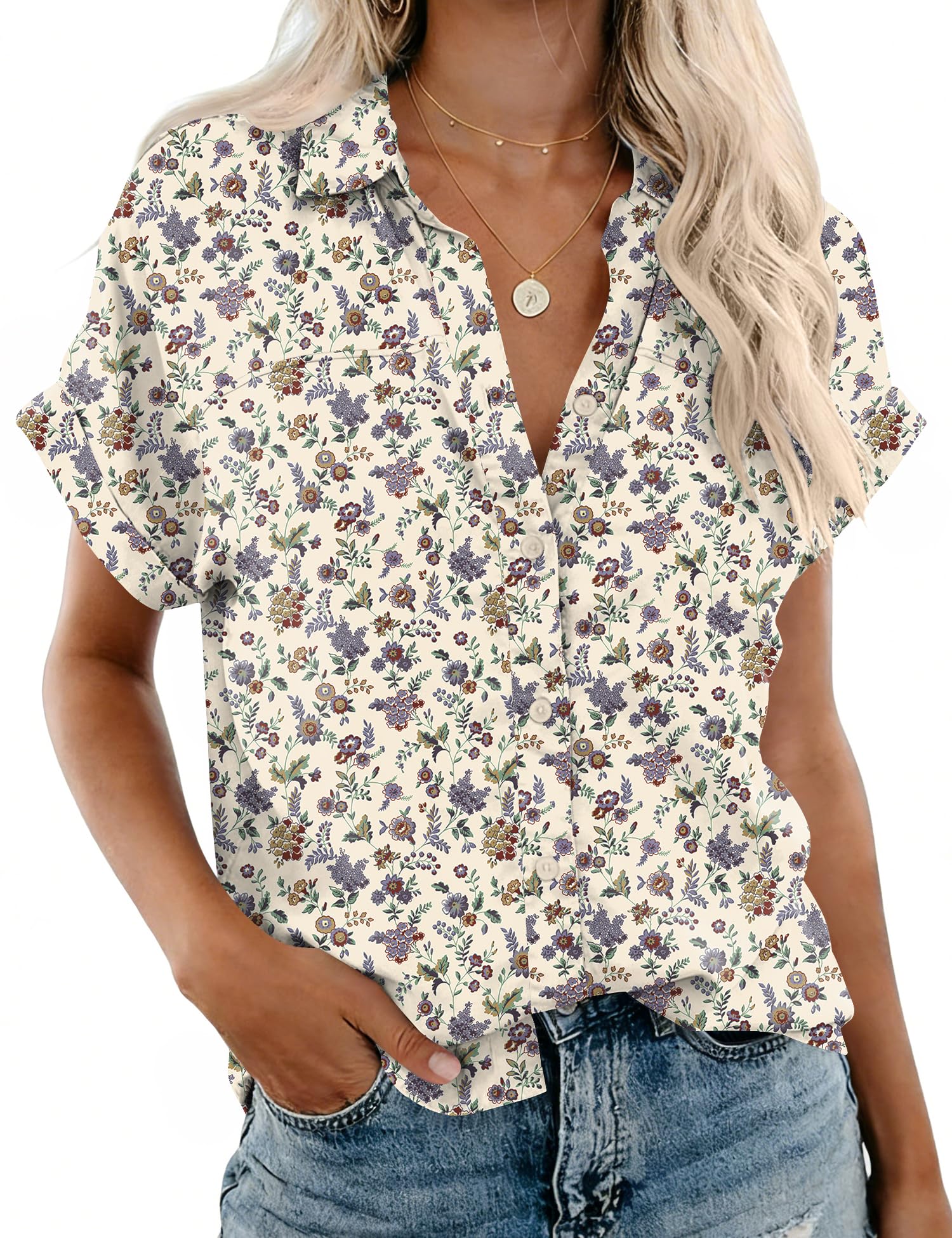 Rapbin Women's Button Down Shirt Short Sleeve Casual Blouse Shirts V Neck Collared Tops