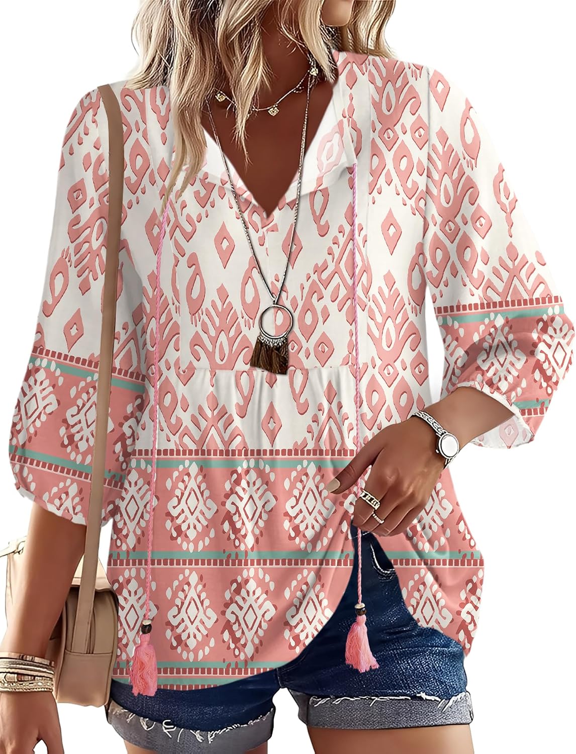 Rapbin Women Summer Boho Tops 3/4 Sleeve Pleated Blouses Casual V Neck Tie Front Spring Tunic Tops