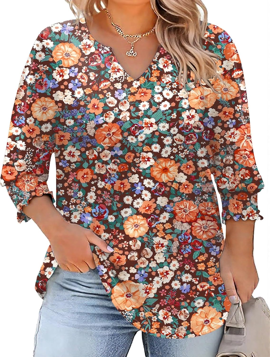 Rapbin Womens Plus Size Tops 3/4 Sleeve Blouses Shirts Casual V Neck Loose Tunic Tops 1X-5X