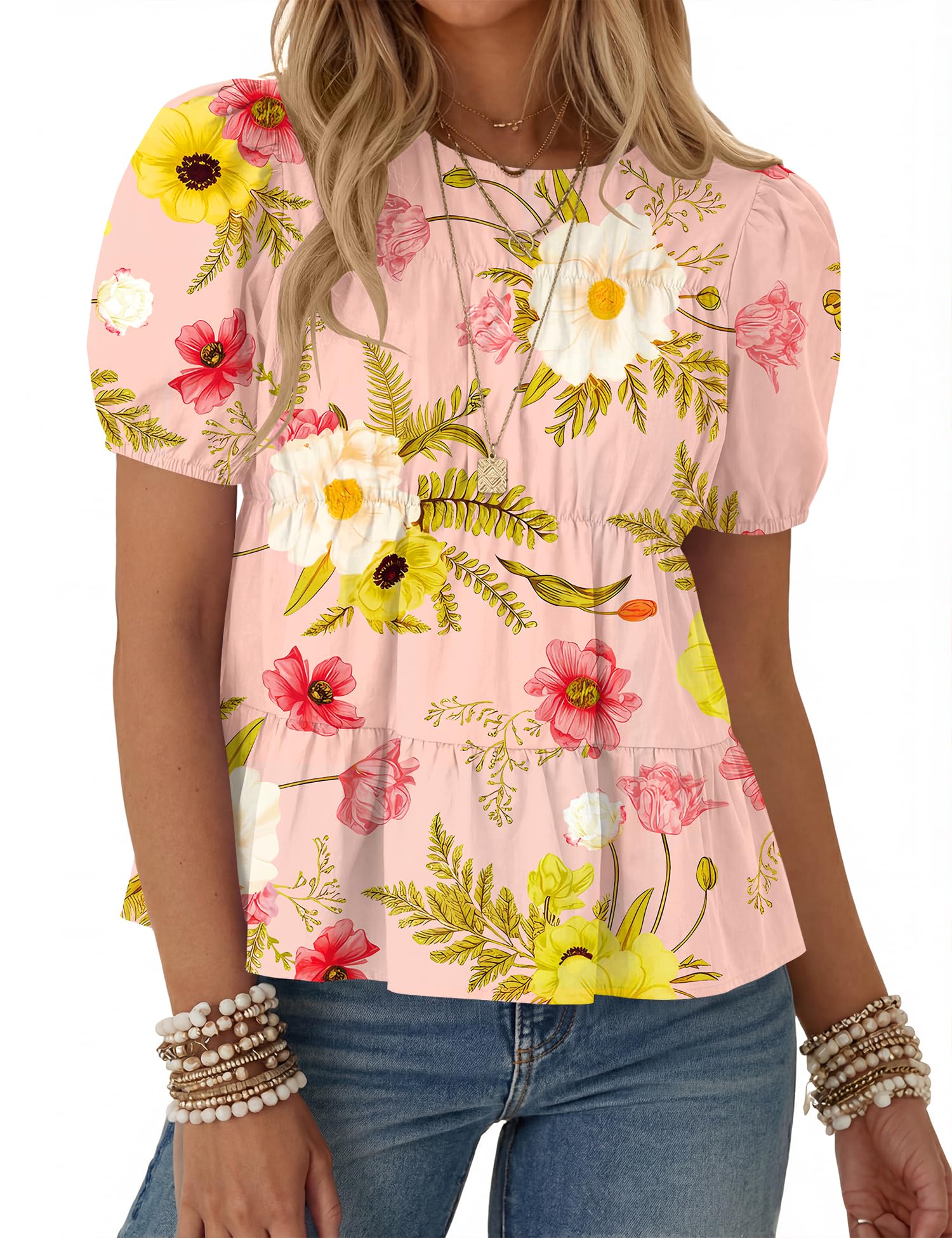 Rapbin Womens Puff Short Sleeve Babydoll Tops Summer Peplum Pleated Cotton T Shirts Casual Loose Fit Flowy Blouses