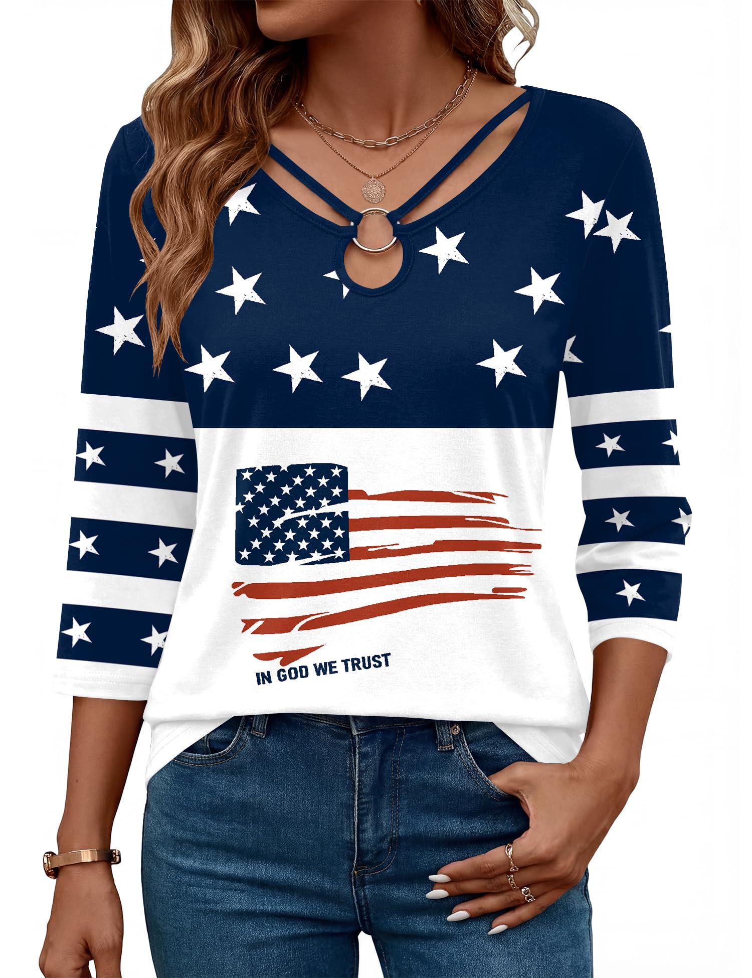 Rapbin 3/4 Length Sleeve Womens Tops Summer Cut Out Ring Keyhole Neck Dressy Casual Crew Neck Tee Shirts 2026