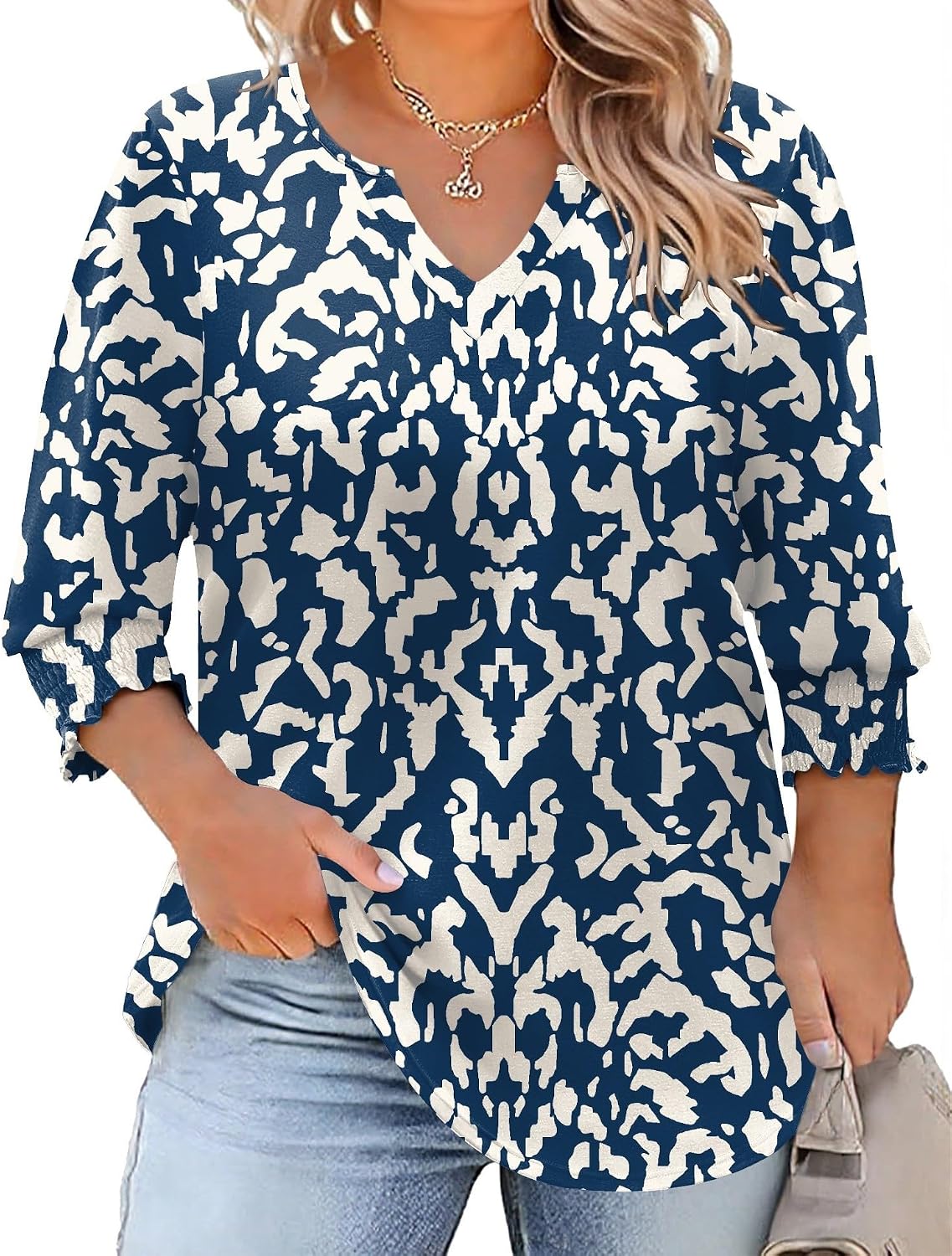 Rapbin Womens Plus Size Tops 3/4 Sleeve Blouses Shirts Casual V Neck Loose Tunic Tops 1X-5X