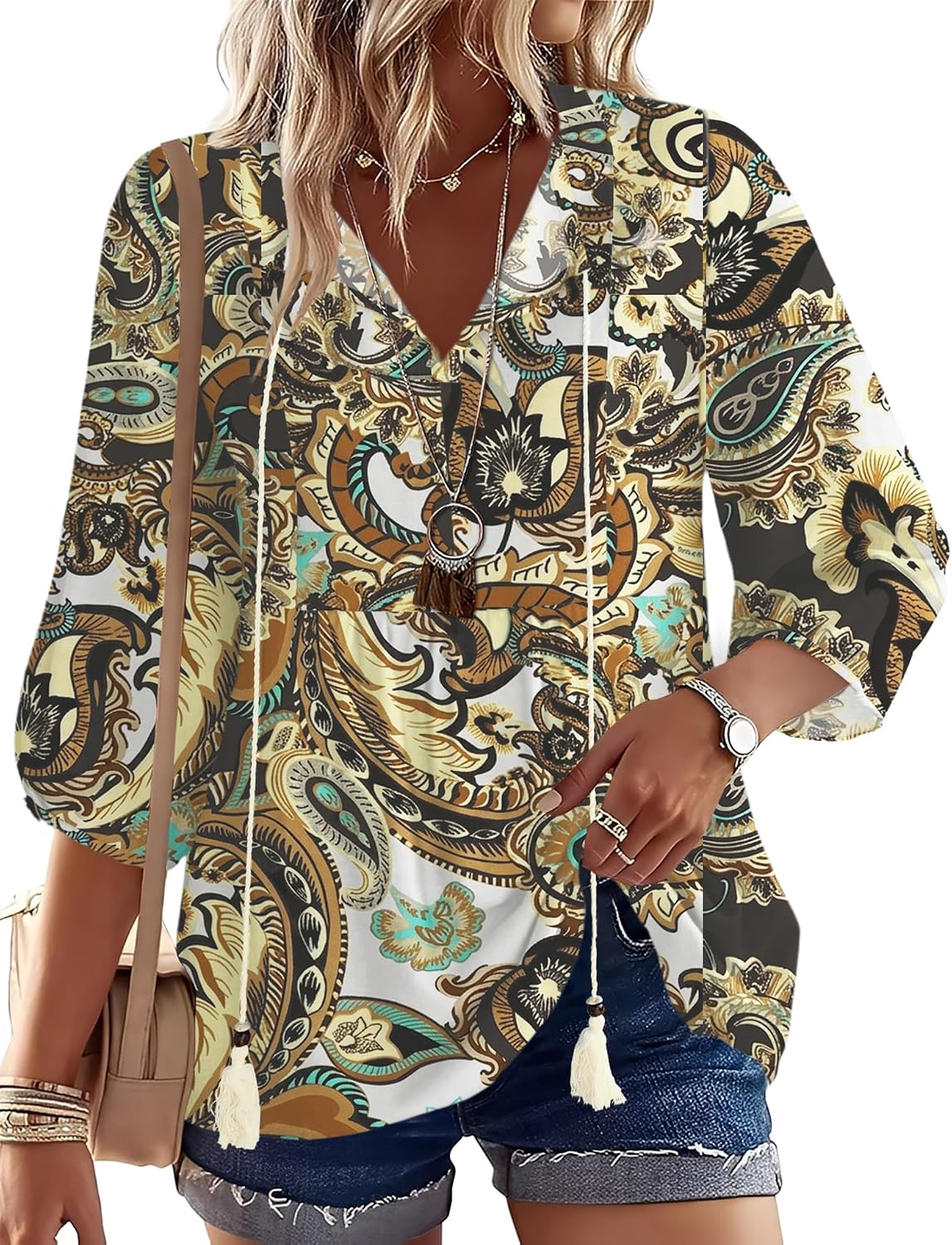 Rapbin Women Summer Boho Tops 3/4 Sleeve Pleated Blouses Casual V Neck Tie Front Spring Tunic Tops
