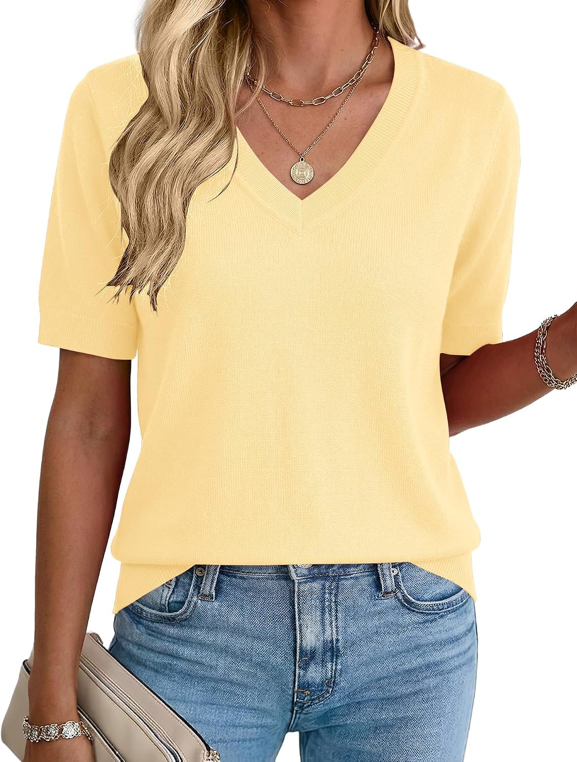 Rapbin Womens Summer Sweaters Short Sleeve Tops V Neck Knit Shirts
