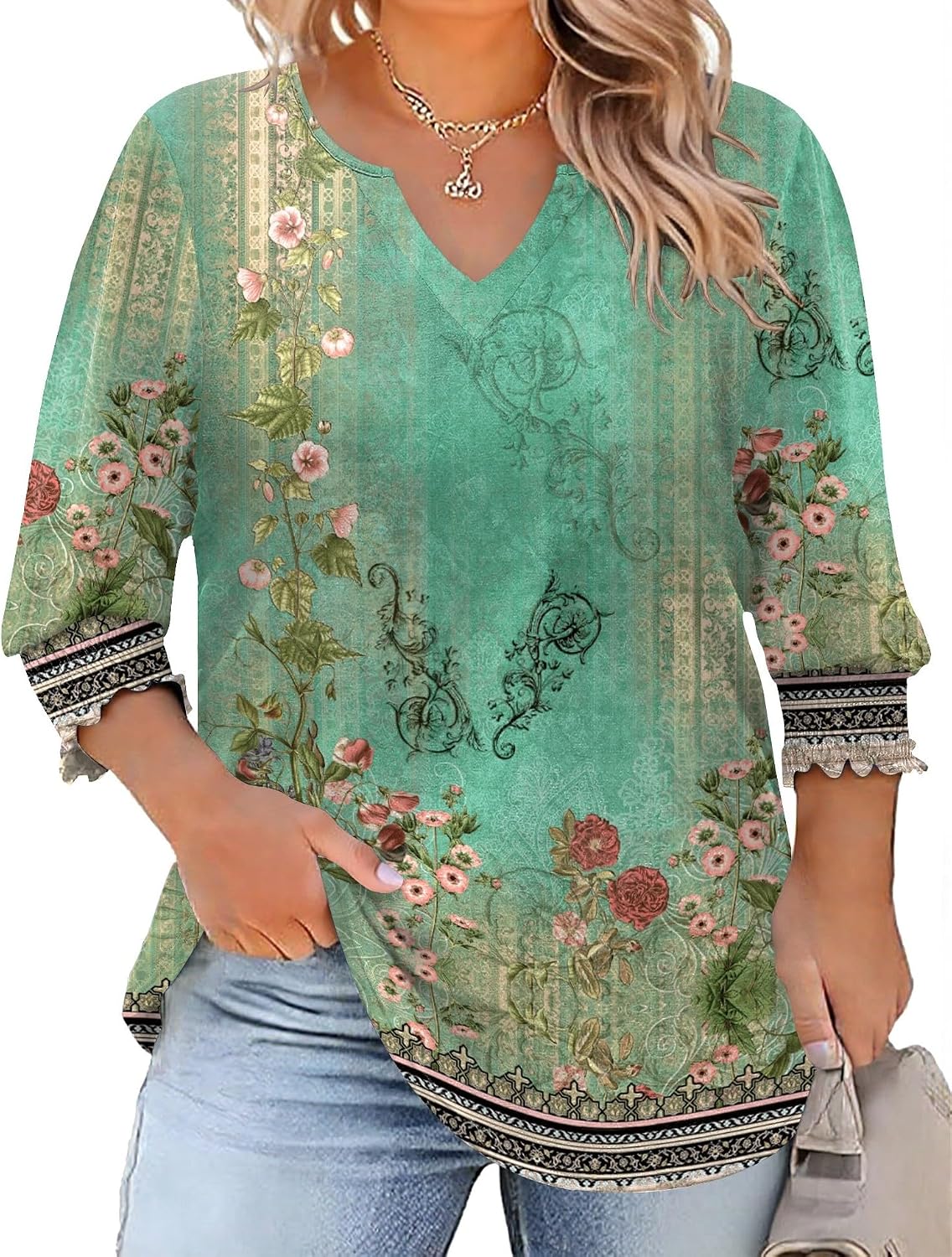 Rapbin Womens Plus Size Tops 3/4 Sleeve Blouses Shirts Casual V Neck Loose Tunic Tops 1X-5X