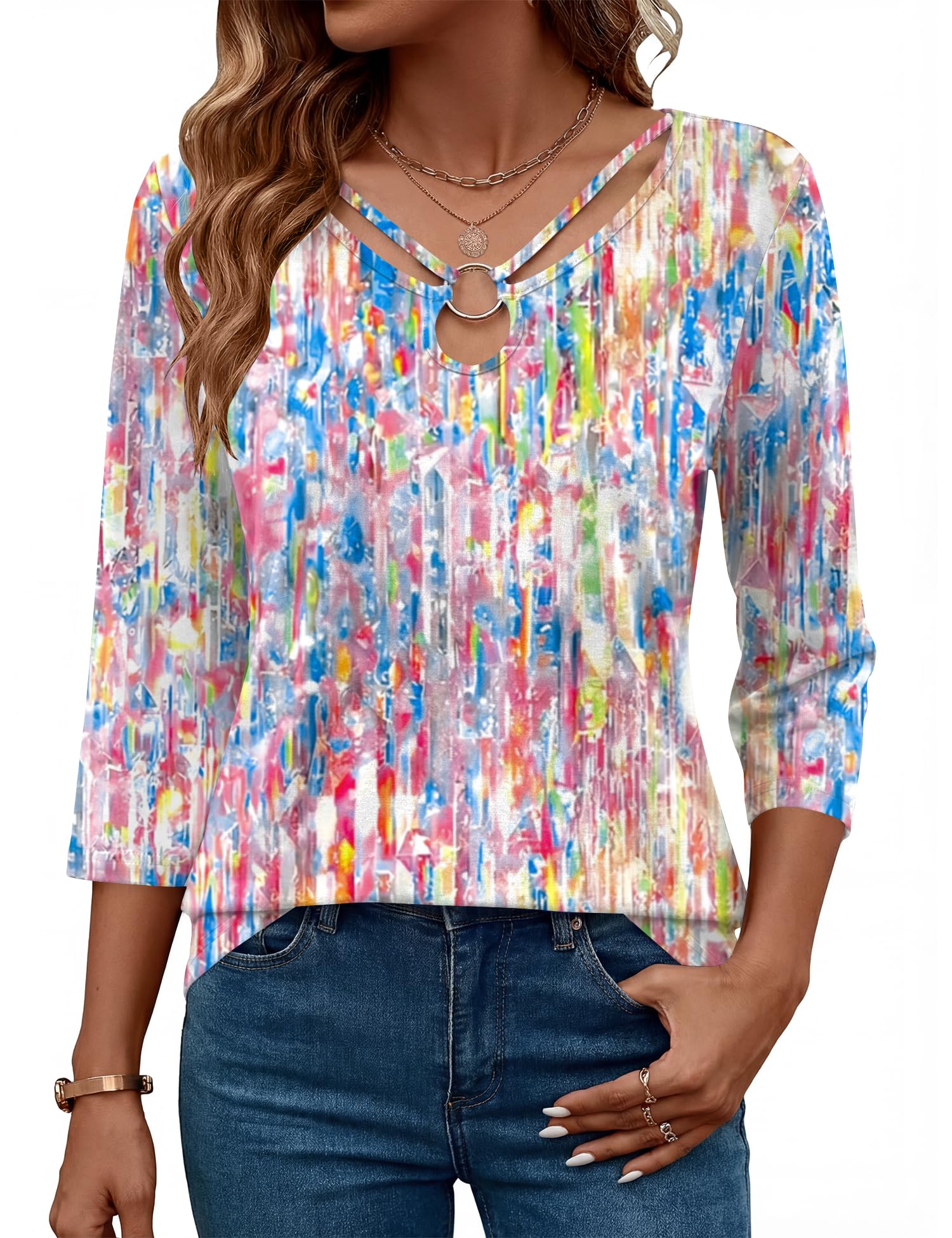 Rapbin 3/4 Length Sleeve Womens Tops Summer Cut Out Ring Keyhole Neck Dressy Casual Crew Neck Tee Shirts 2026