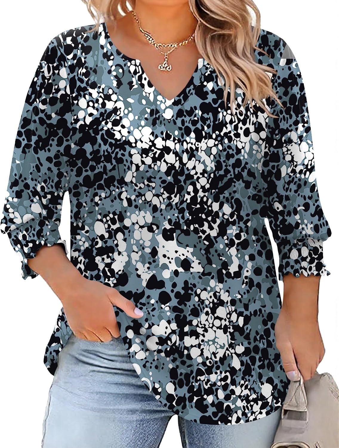 Rapbin Womens Plus Size Tops 3/4 Sleeve Blouses Shirts Casual V Neck Loose Tunic Tops 1X-5X