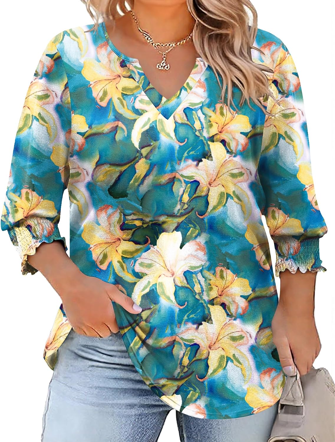 Rapbin Womens Plus Size Tops 3/4 Sleeve Blouses Shirts Casual V Neck Loose Tunic Tops 1X-5X