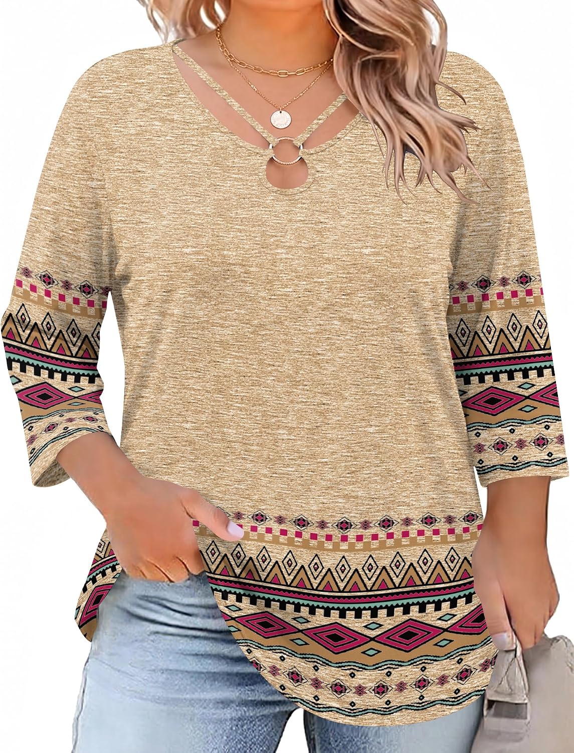 Rapbin Womens Plus Size Tops 3/4 Sleeve Shirts Summer Cut Out Ring Keyhole Neck Dressy Casual Loose Tunic Tops 1X-5X